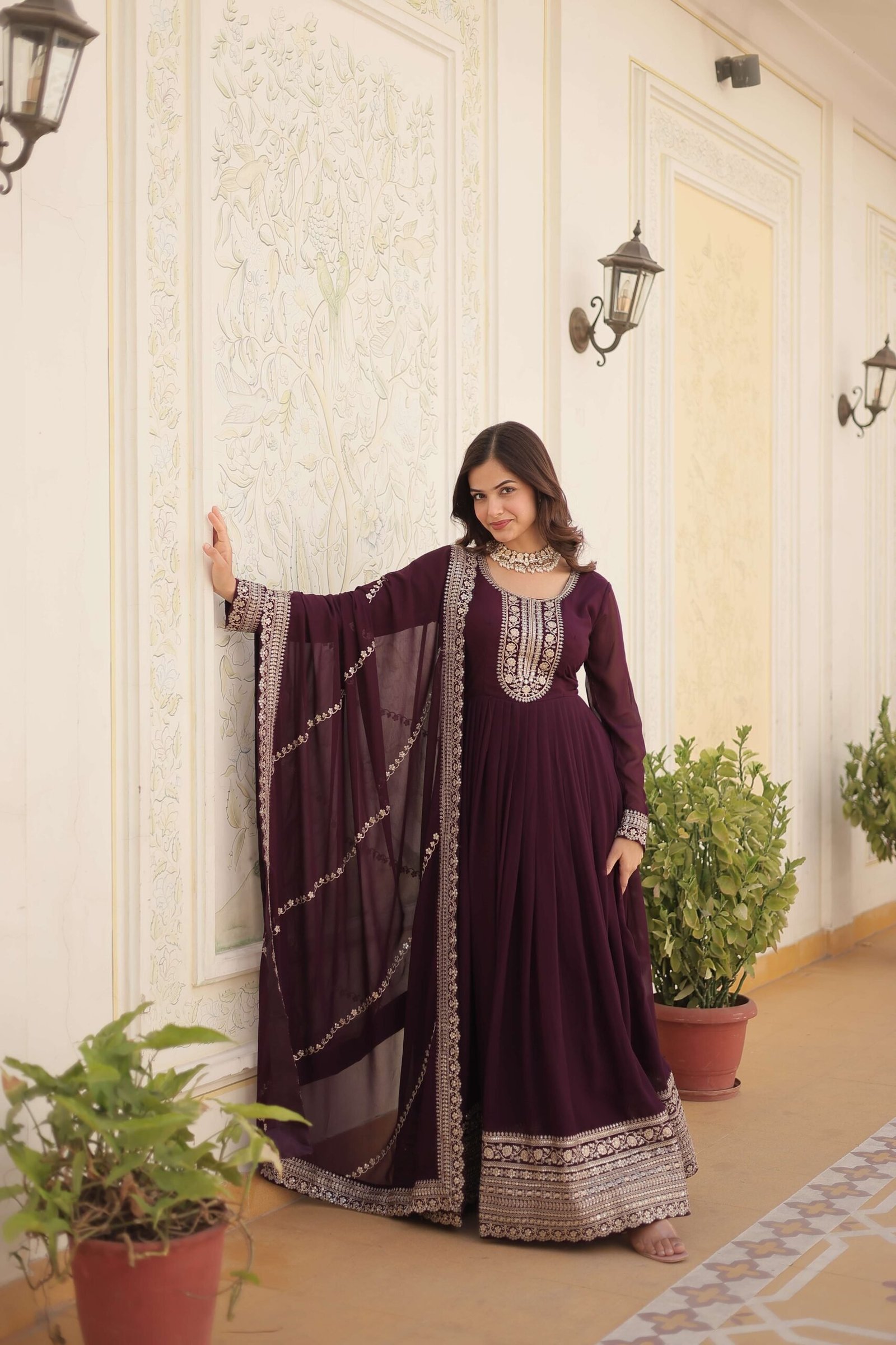 Wine Faux Blooming Sequins Embroidered Gown with Matching Dupatta ? Festive & Party Wear 2024