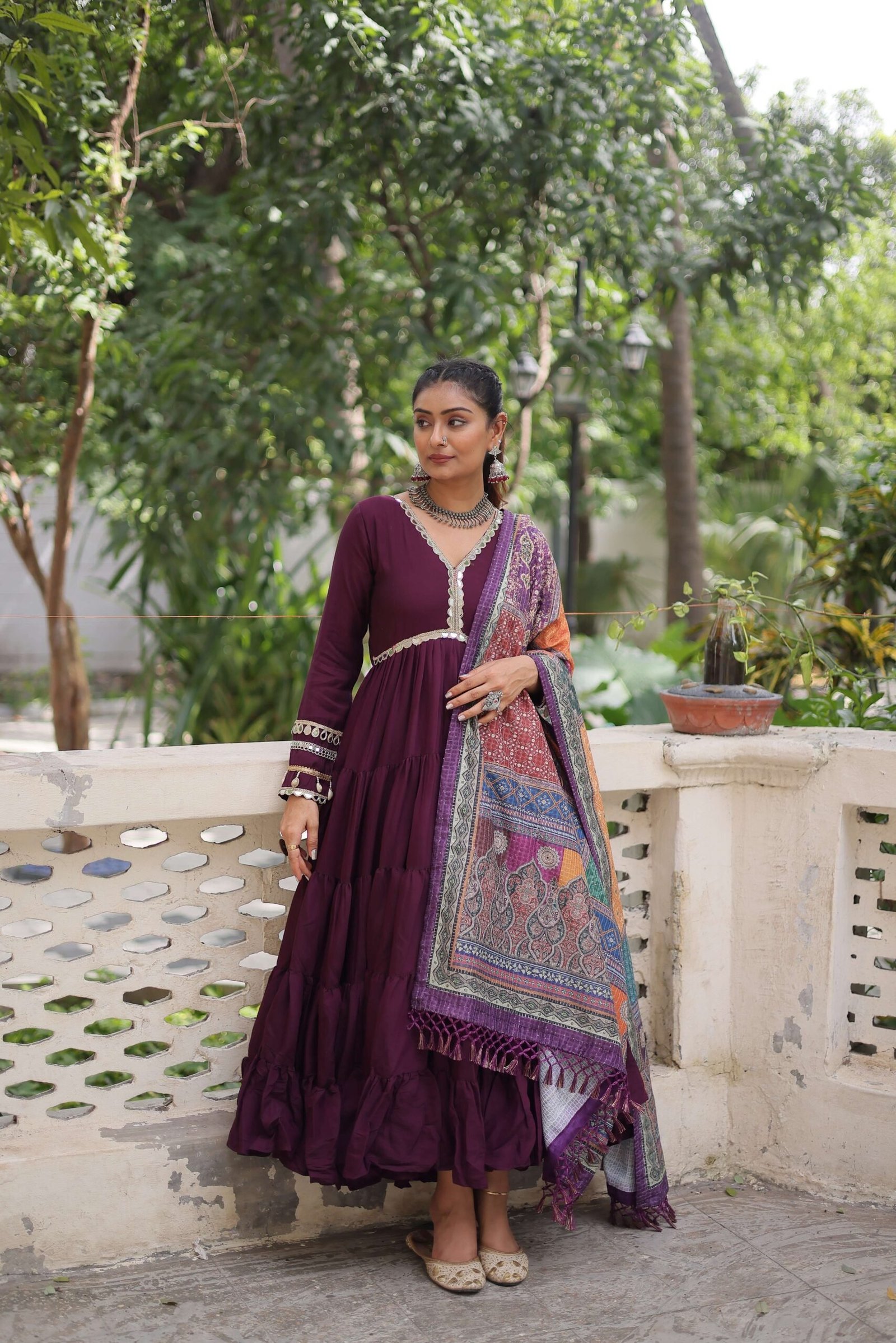 Wine Gown with Dupatta ? Frill Stitching & Mirror Lace Work Ethnic Set for Women