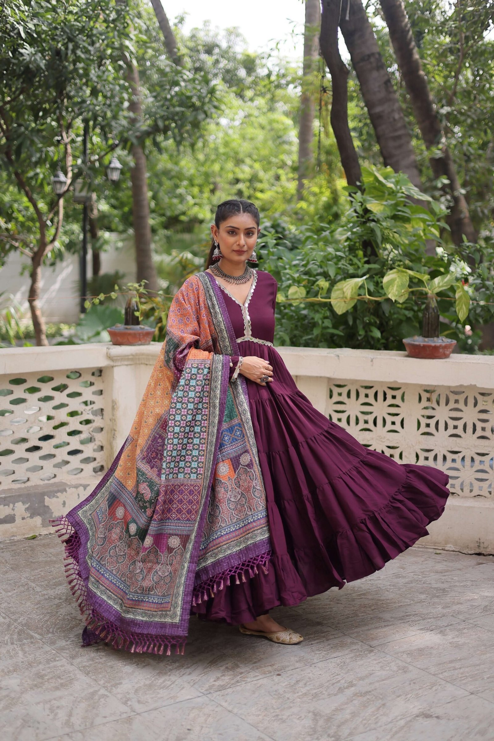 Wine Gown with Dupatta ? Frill Stitching & Mirror Lace Work Ethnic Set for Women