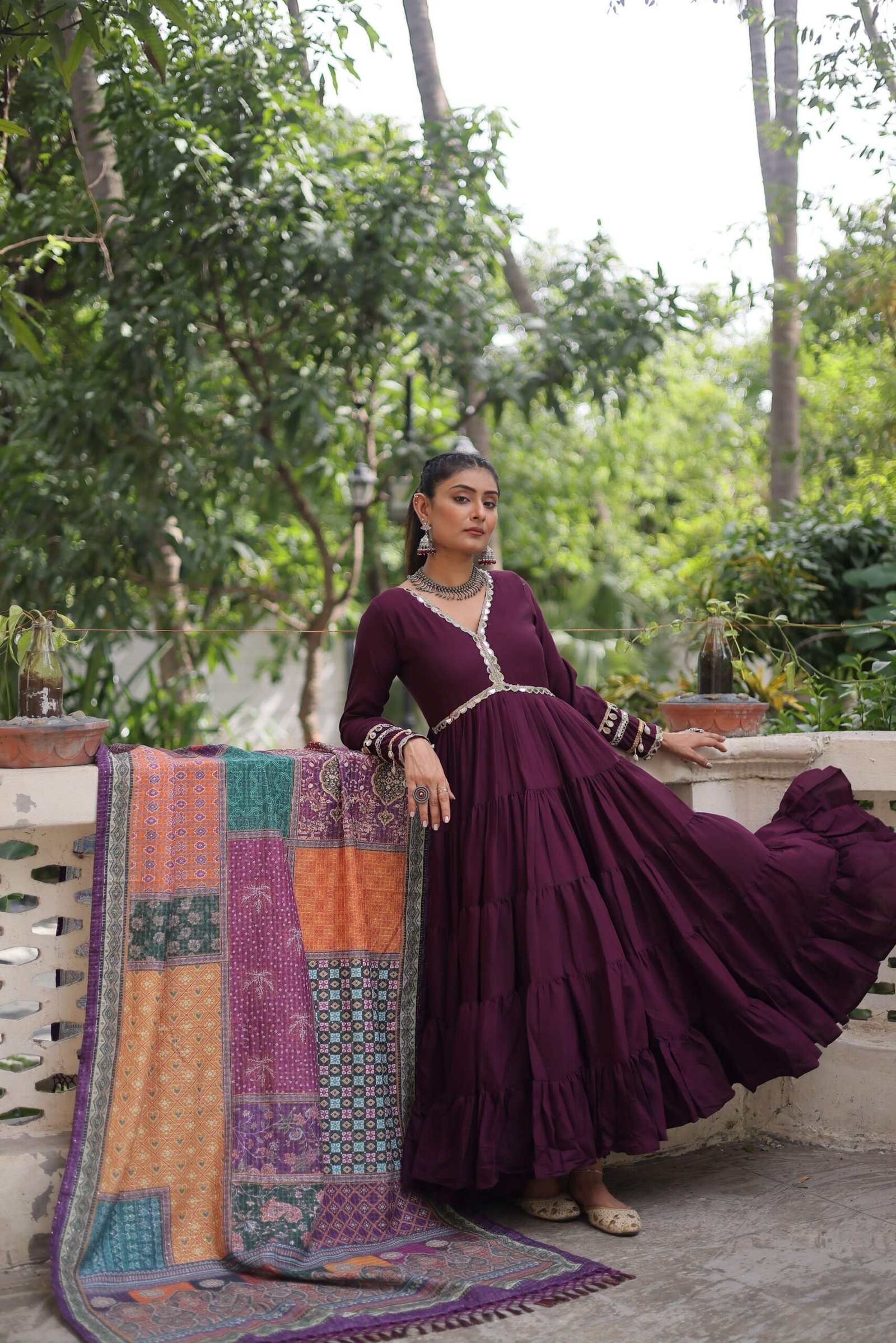 Wine Gown with Dupatta ? Frill Stitching & Mirror Lace Work Ethnic Set for Women