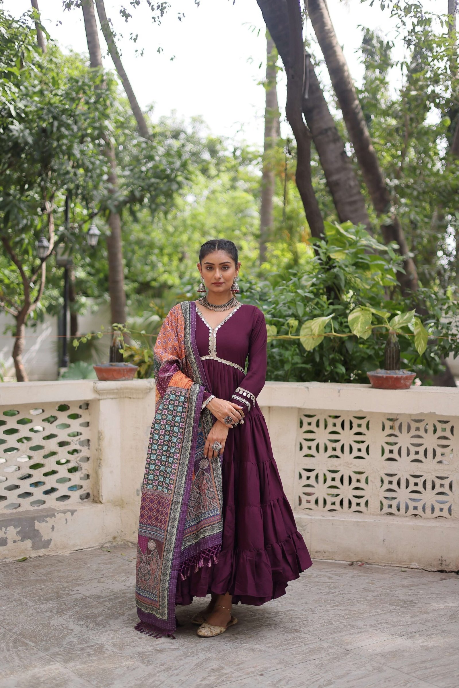 Wine Gown with Dupatta ? Frill Stitching & Mirror Lace Work Ethnic Set for Women