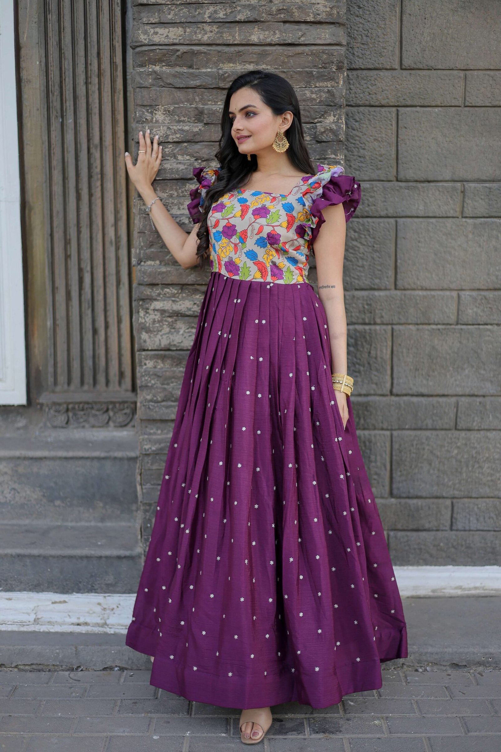 Wine Maslin & Chinon Designer Gown with Embroidery ? Elegant Ready-to-Wear Women?s Dress