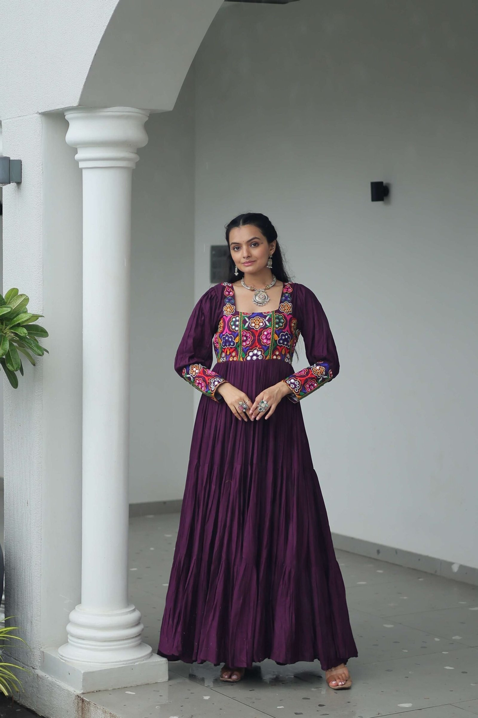 Wine Navratri Special 14 Kg Reyon Designer Gown with Kutchi Gamthi Work ? Flared Ethnic Wear for Women