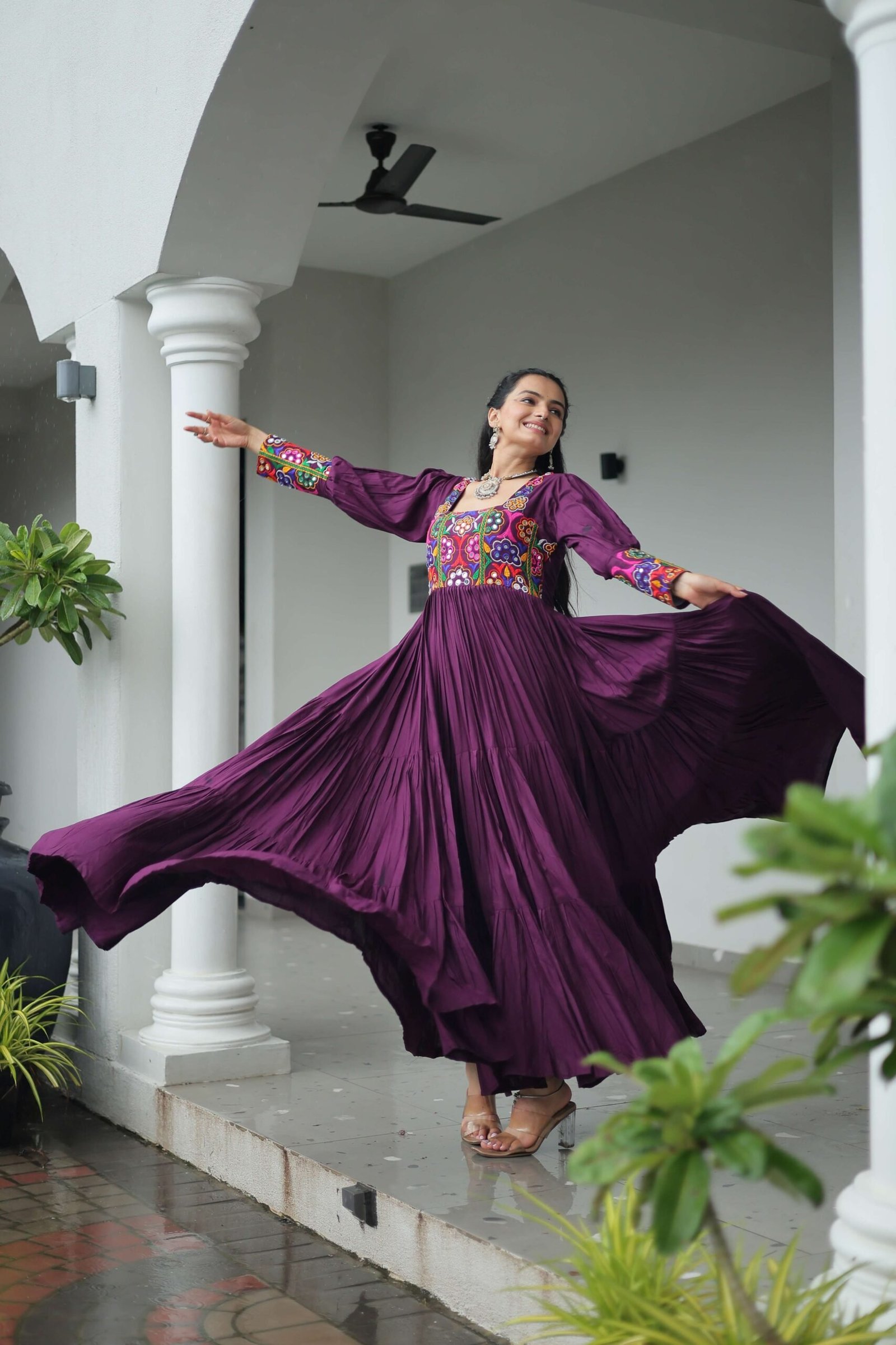 Wine Navratri Special 14 Kg Reyon Designer Gown with Kutchi Gamthi Work ? Flared Ethnic Wear for Women