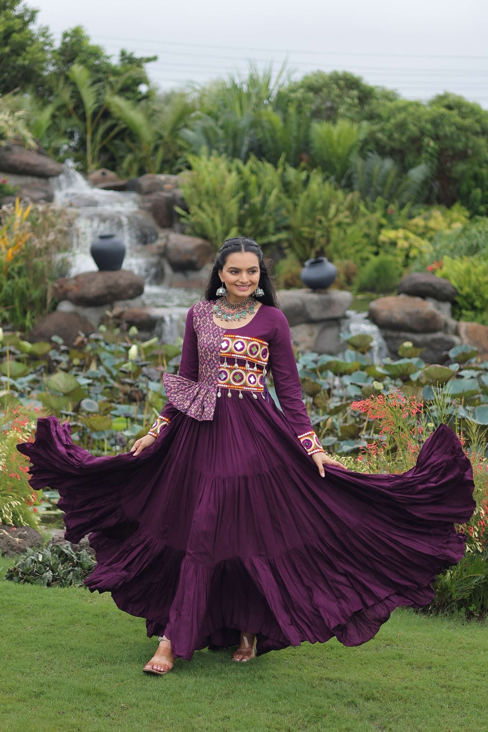 Wine Navratri Special Gown with Elegant Kutchi Embroidery