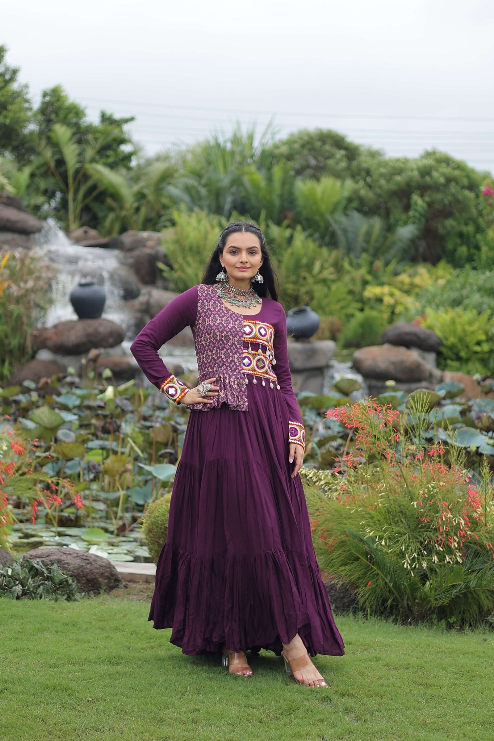 Wine Navratri Special Gown with Elegant Kutchi Embroidery