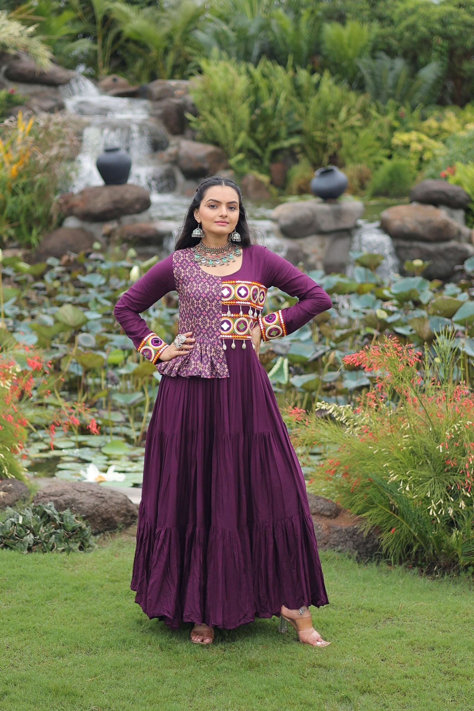 Wine Navratri Special Gown with Elegant Kutchi Embroidery