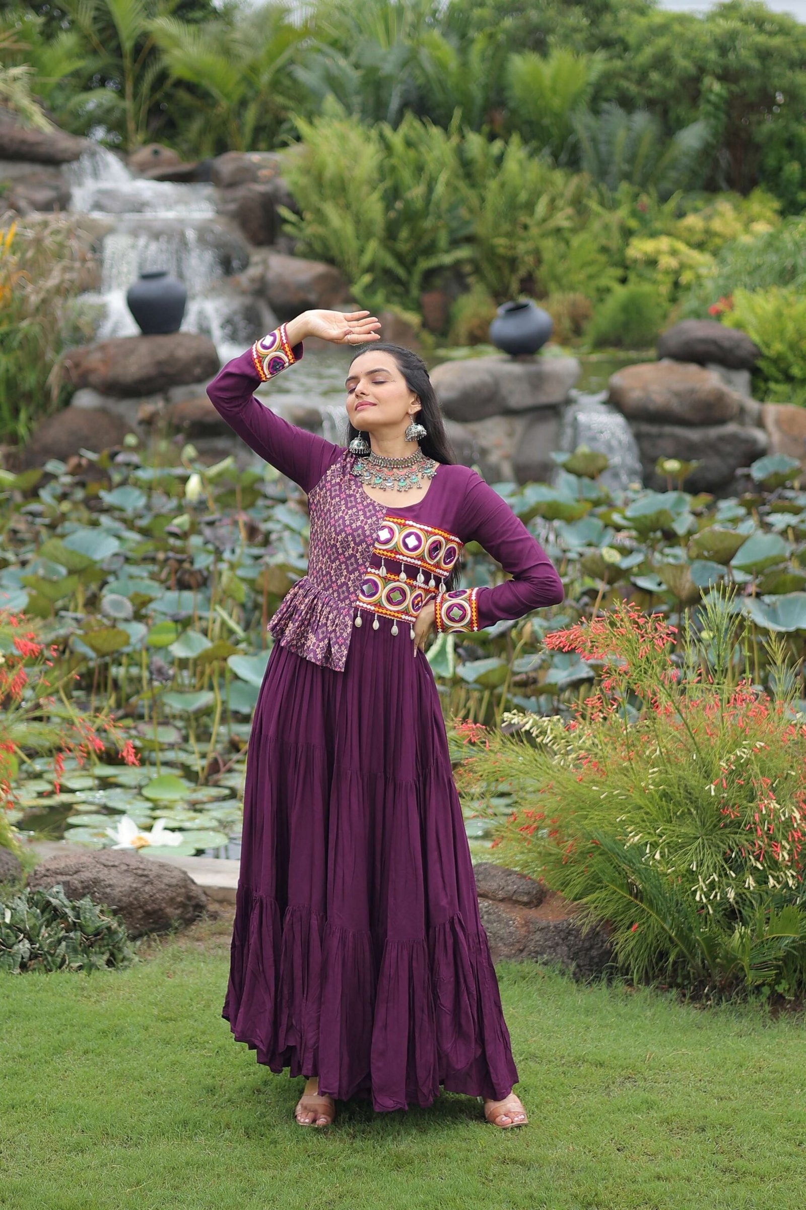 Wine Navratri Special Gown with Elegant Kutchi Embroidery