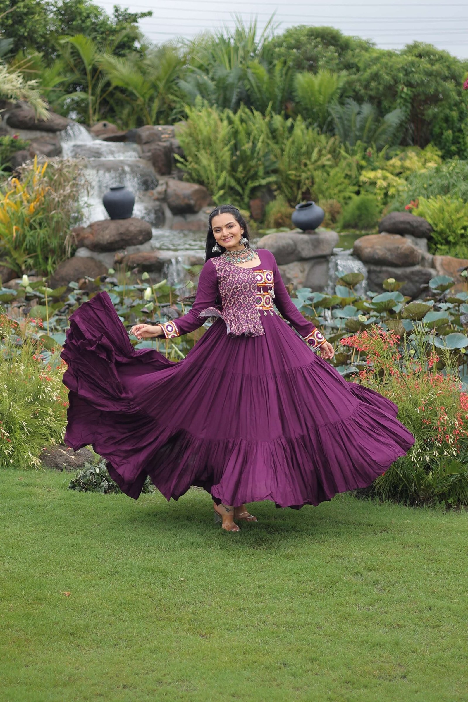 Wine Navratri Special Gown with Elegant Kutchi Embroidery