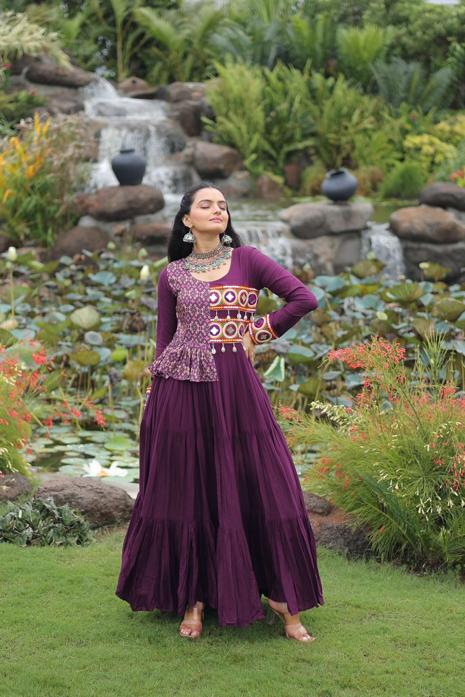 Wine Navratri Special Gown with Elegant Kutchi Embroidery