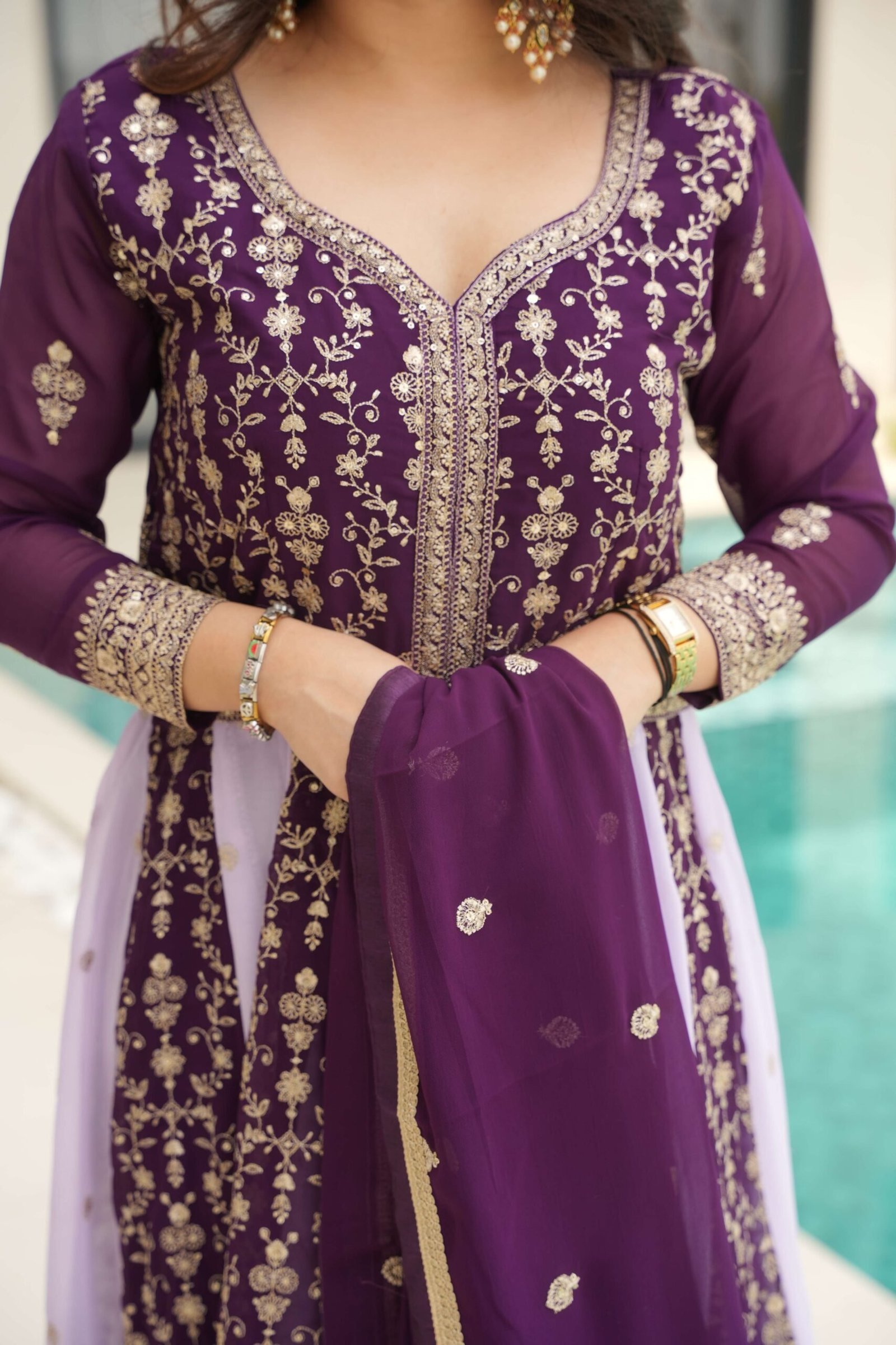 Wine Premium Designer Faux Blooming Gown with Sequins & Zari Embroidered Dupatta ? Collection