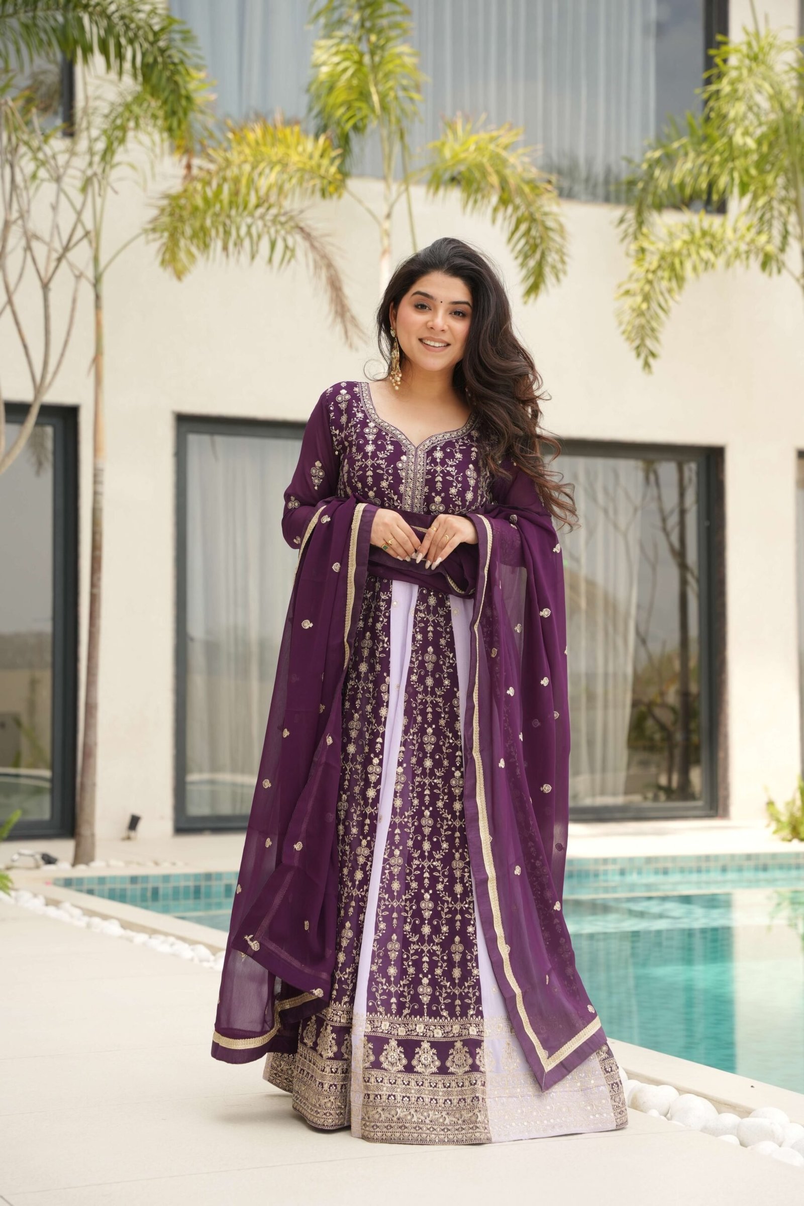 Wine Premium Designer Faux Blooming Gown with Sequins & Zari Embroidered Dupatta ? Collection