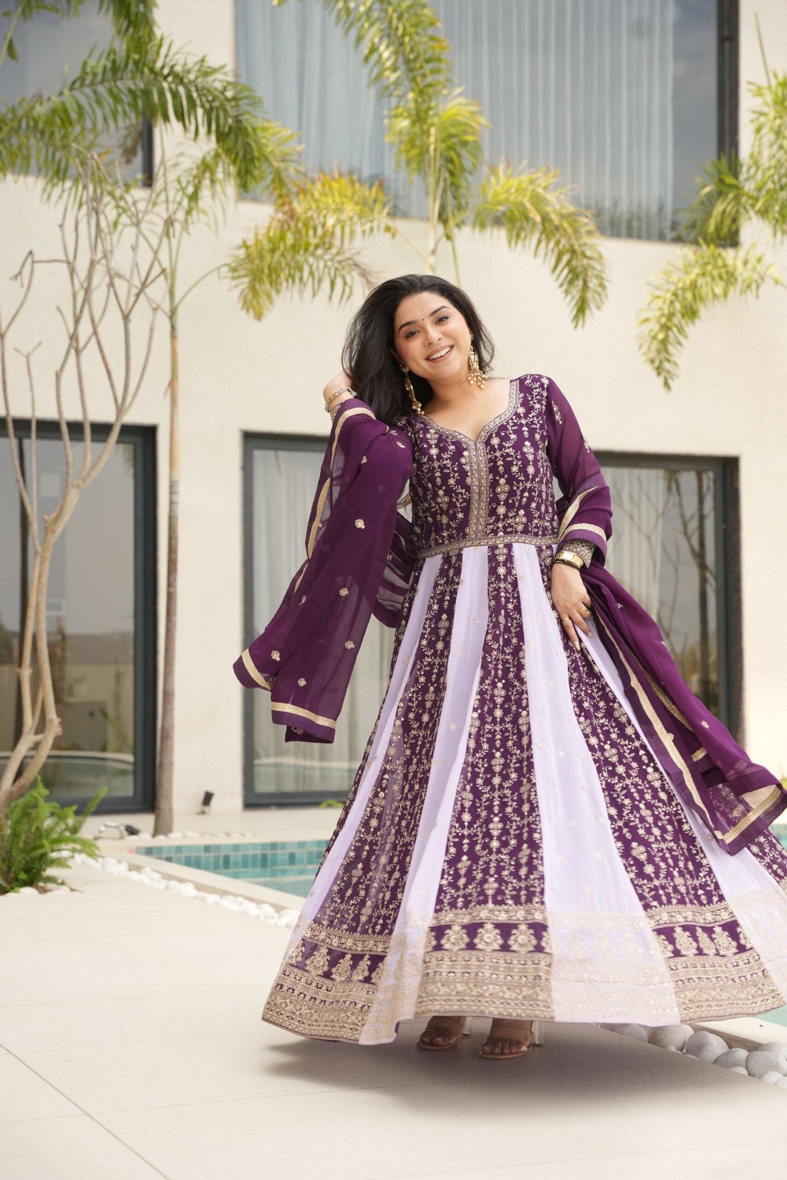 Wine Premium Designer Faux Blooming Gown with Sequins & Zari Embroidered Dupatta ? Collection