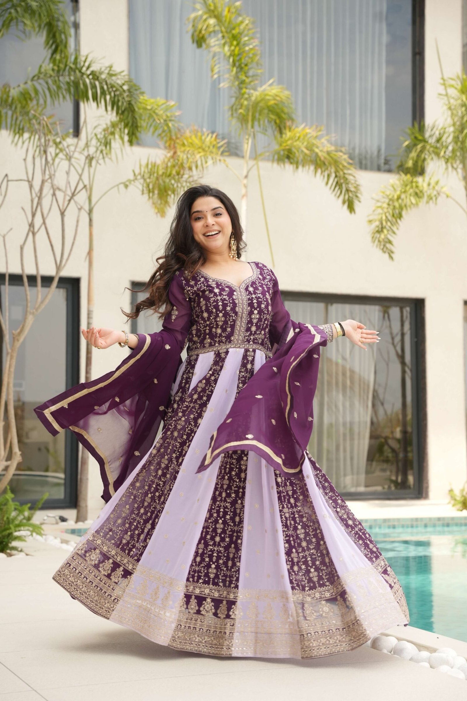 Wine Premium Designer Faux Blooming Gown with Sequins & Zari Embroidered Dupatta ? Collection