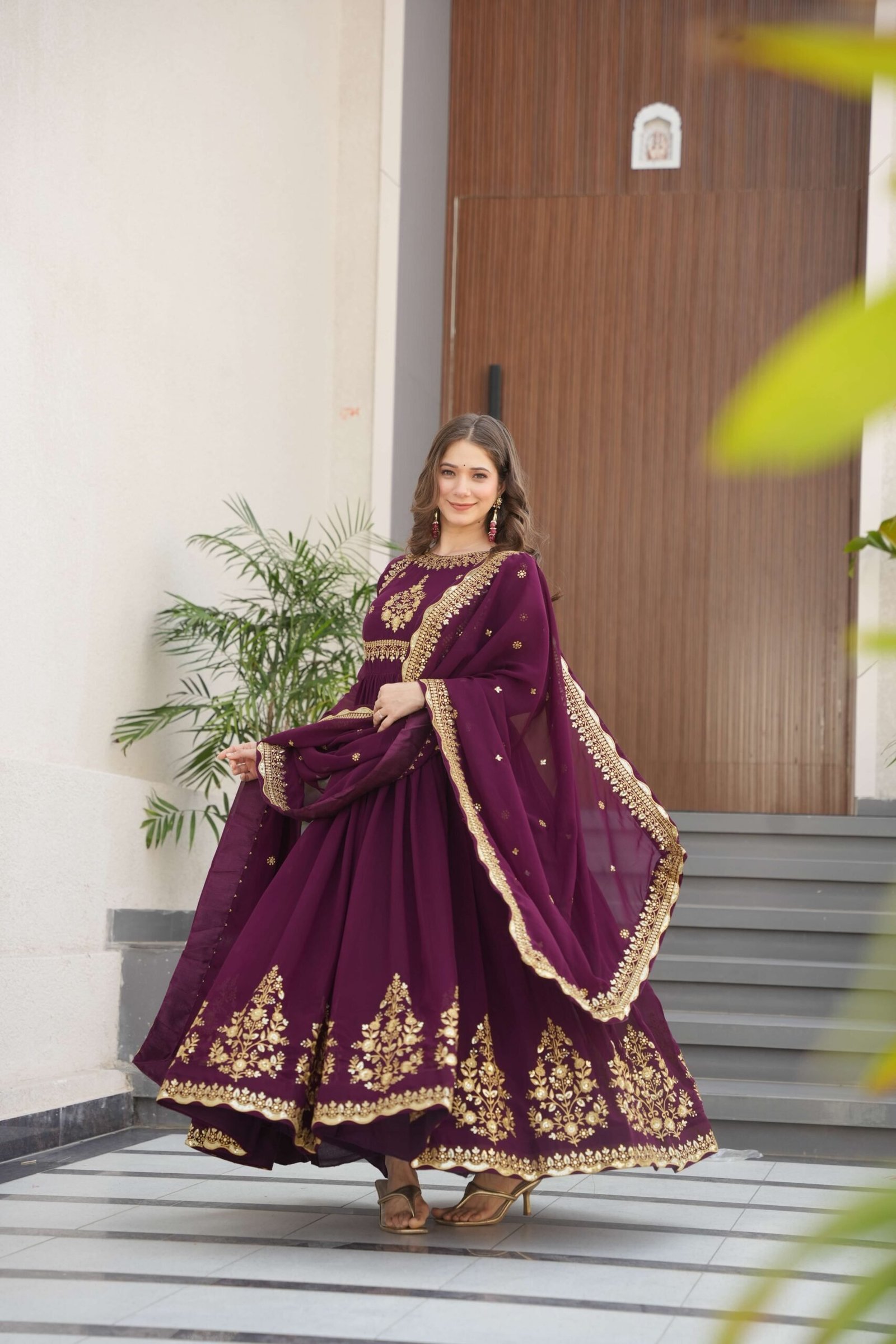Wine Premium Designer Gown with Dupatta ? Zari & Sequins Embroidery