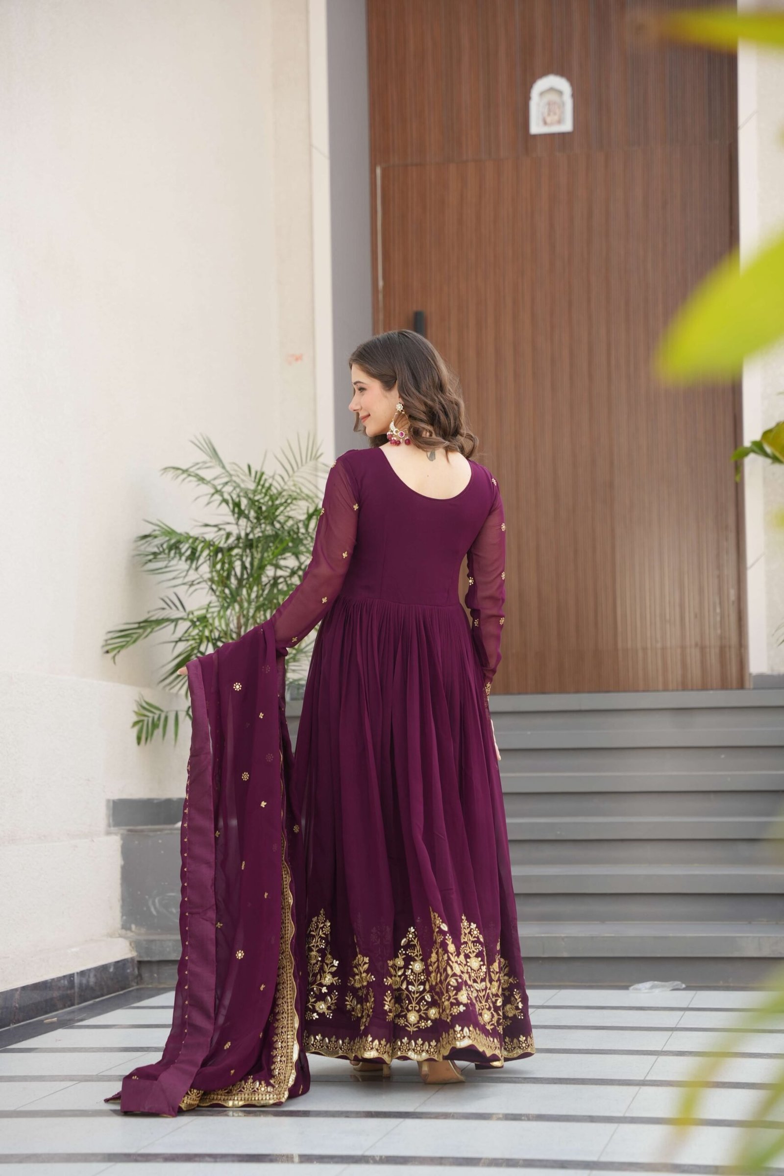 Wine Premium Designer Gown with Dupatta ? Zari & Sequins Embroidery