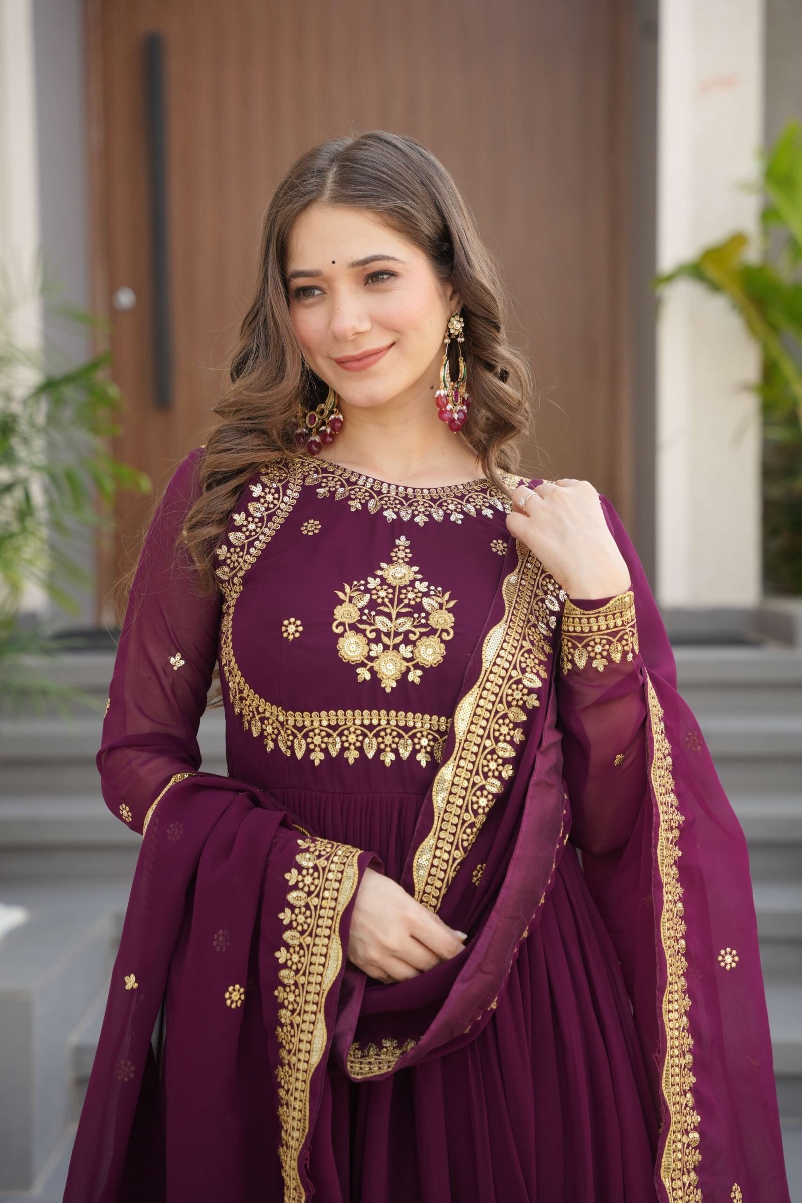 Wine Premium Designer Gown with Dupatta ? Zari & Sequins Embroidery