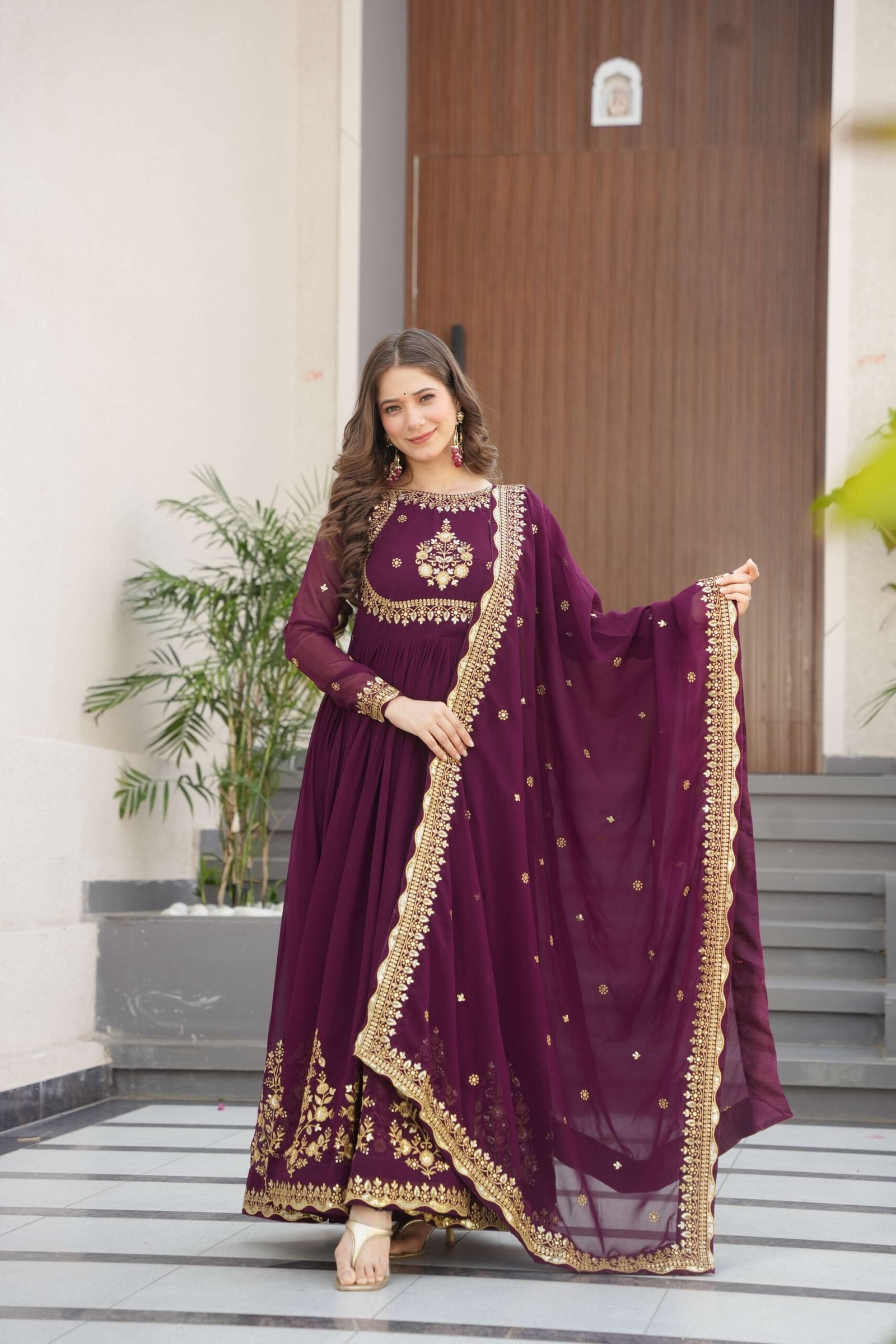 Wine Premium Designer Gown with Dupatta ? Zari & Sequins Embroidery
