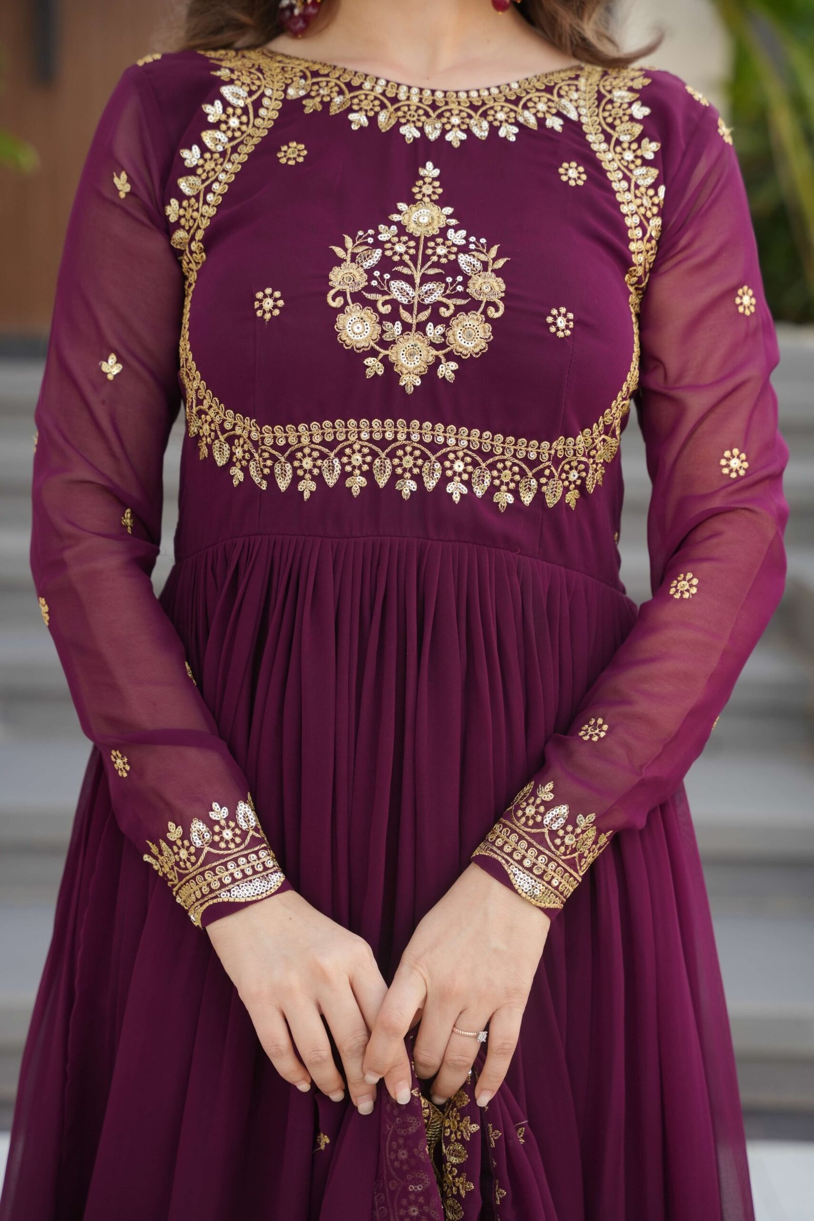 Wine Premium Designer Gown with Dupatta ? Zari & Sequins Embroidery