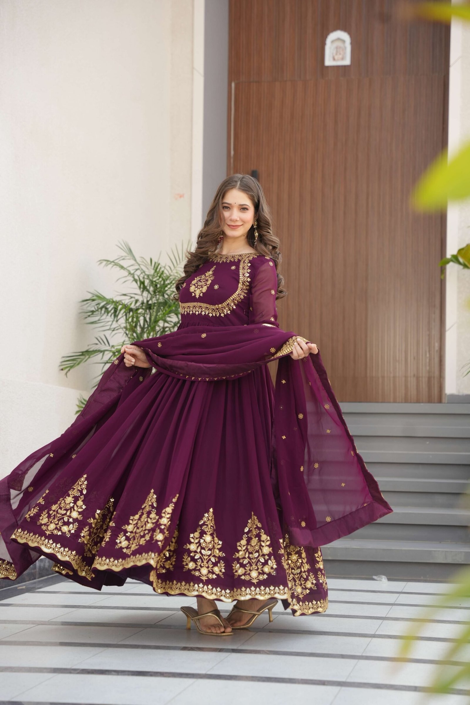 Wine Premium Designer Gown with Dupatta ? Zari & Sequins Embroidery
