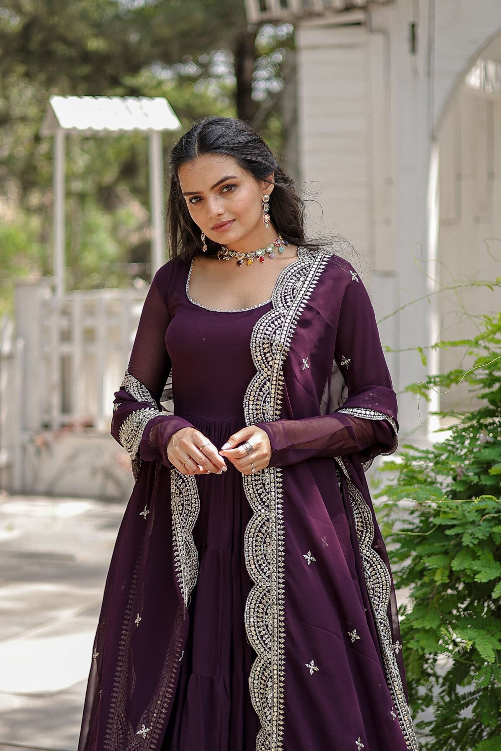 Wine Premium Faux Georgette Designer Gown with Sequined Dupatta ? Fully Flaired Ready-to-Wear Set