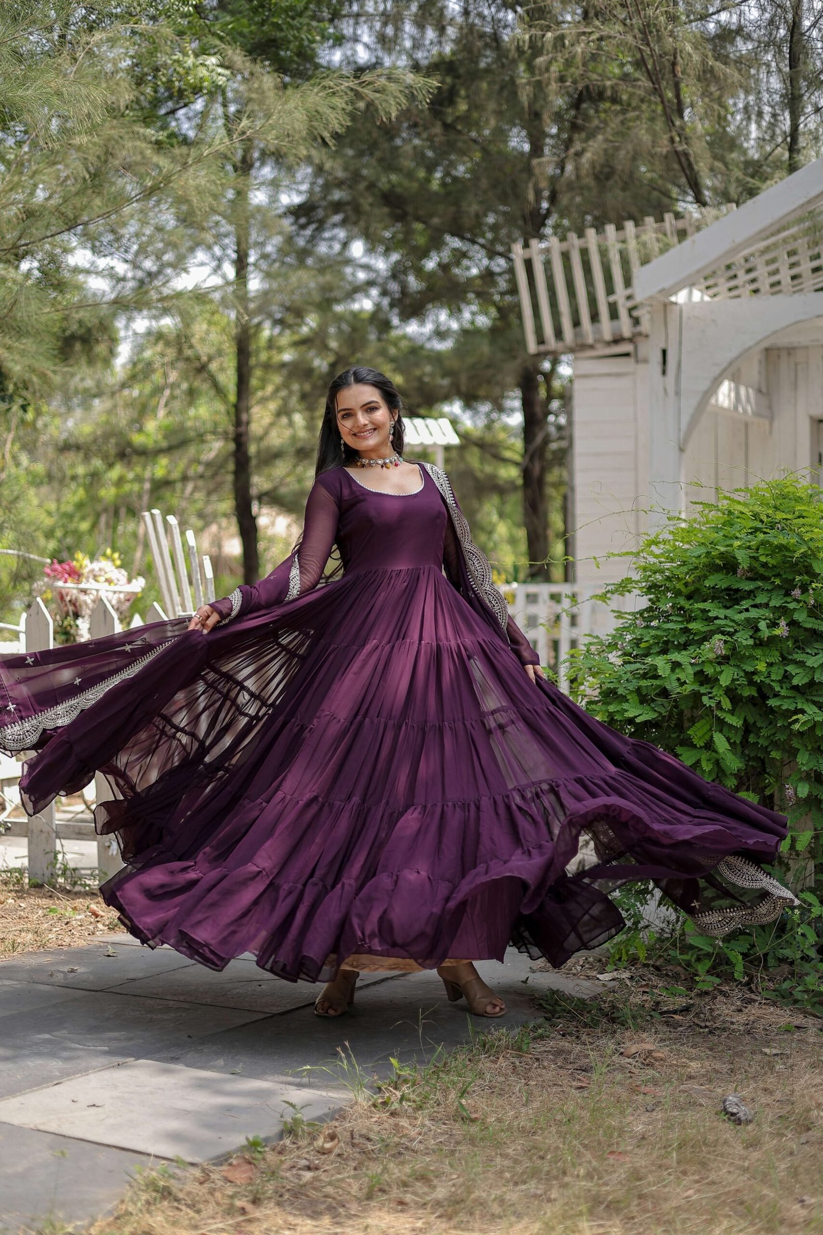 Wine Premium Faux Georgette Designer Gown with Sequined Dupatta ? Fully Flaired Ready-to-Wear Set
