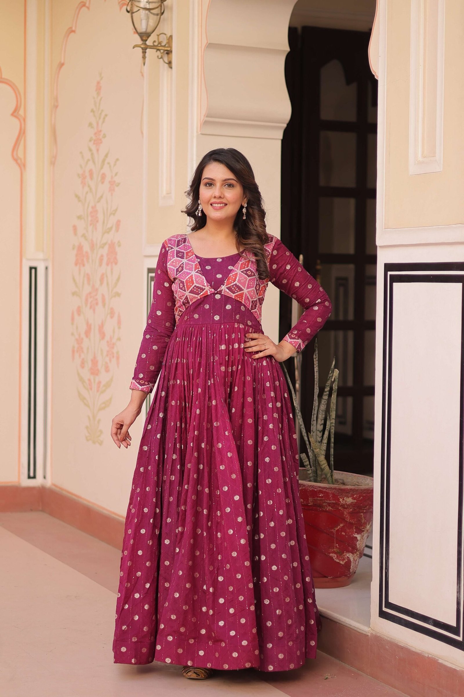 Wine Premium Position Print Choli Gown ? Ready-to-Wear Ethnic Collection