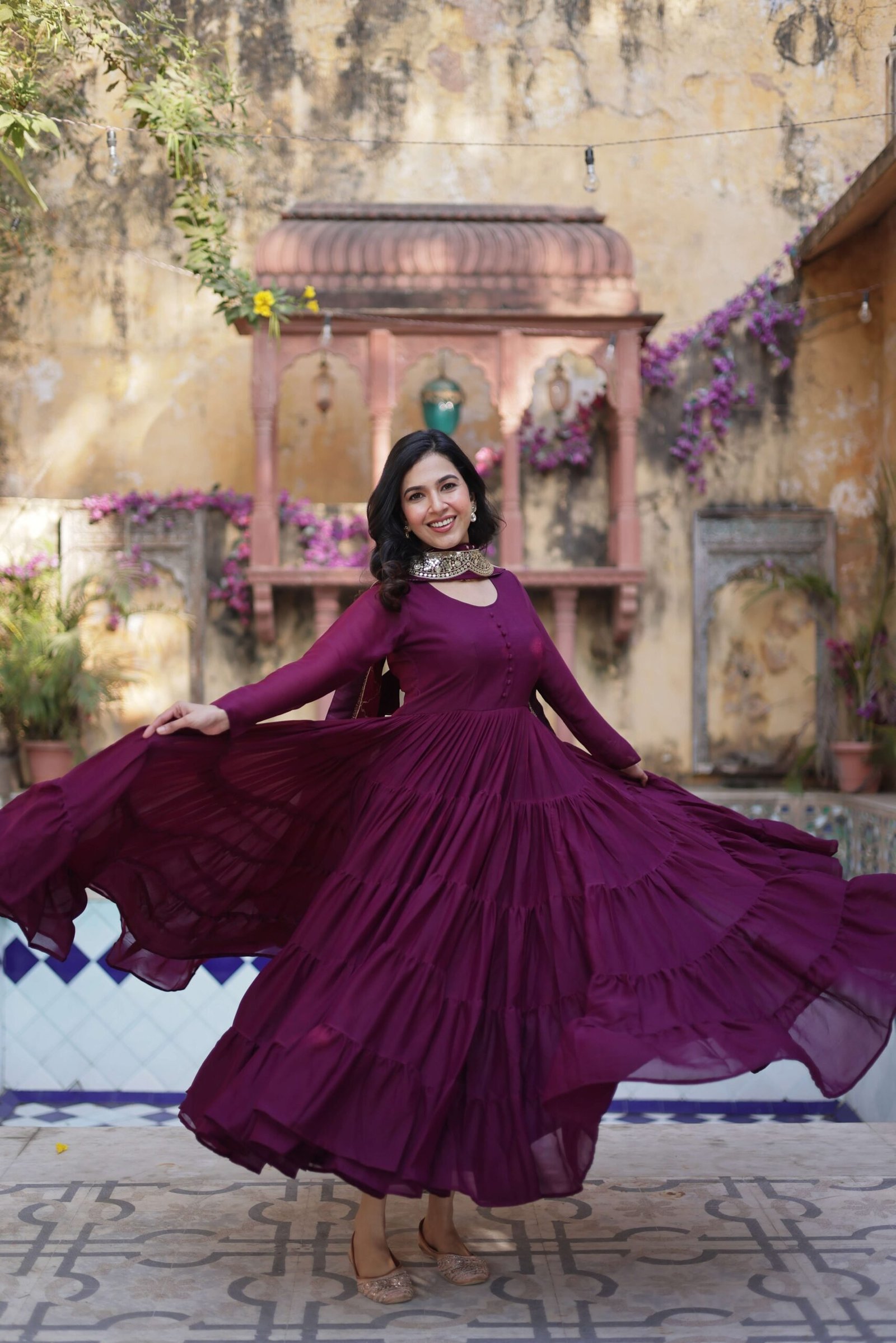 Wine Star Georgette Fully Flared Gown with Sequins Embroidered Dupatta