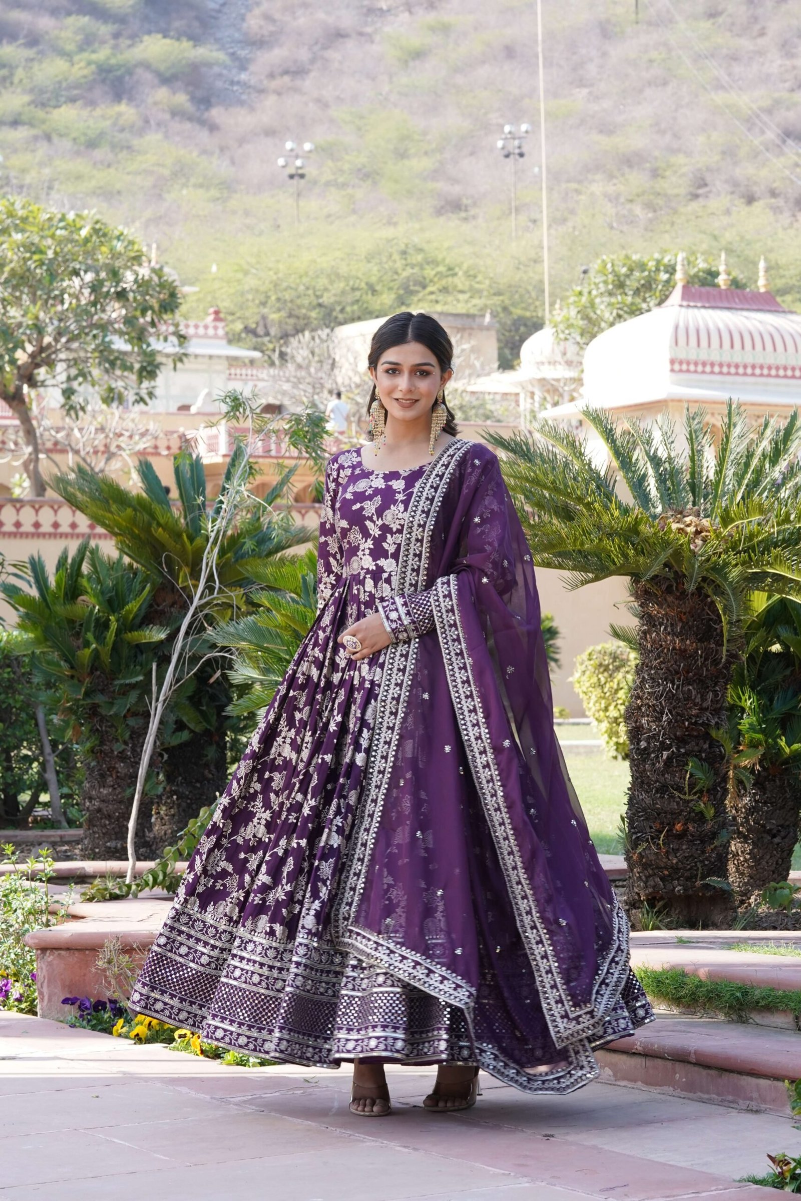 Wine Viscose Dyable Jacquard Gown with Russian Silk Sequined Dupatta ? Elegant Party & Wedding Set