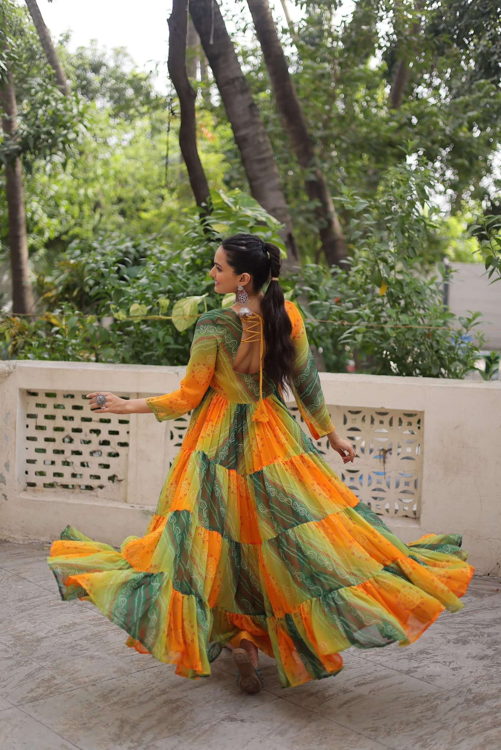 Yellow Designer Laheriya & Bandhej Print Navratri Gown with Kutchi Patch Work in Faux Georgette ? Elegant Festive Wear for Women