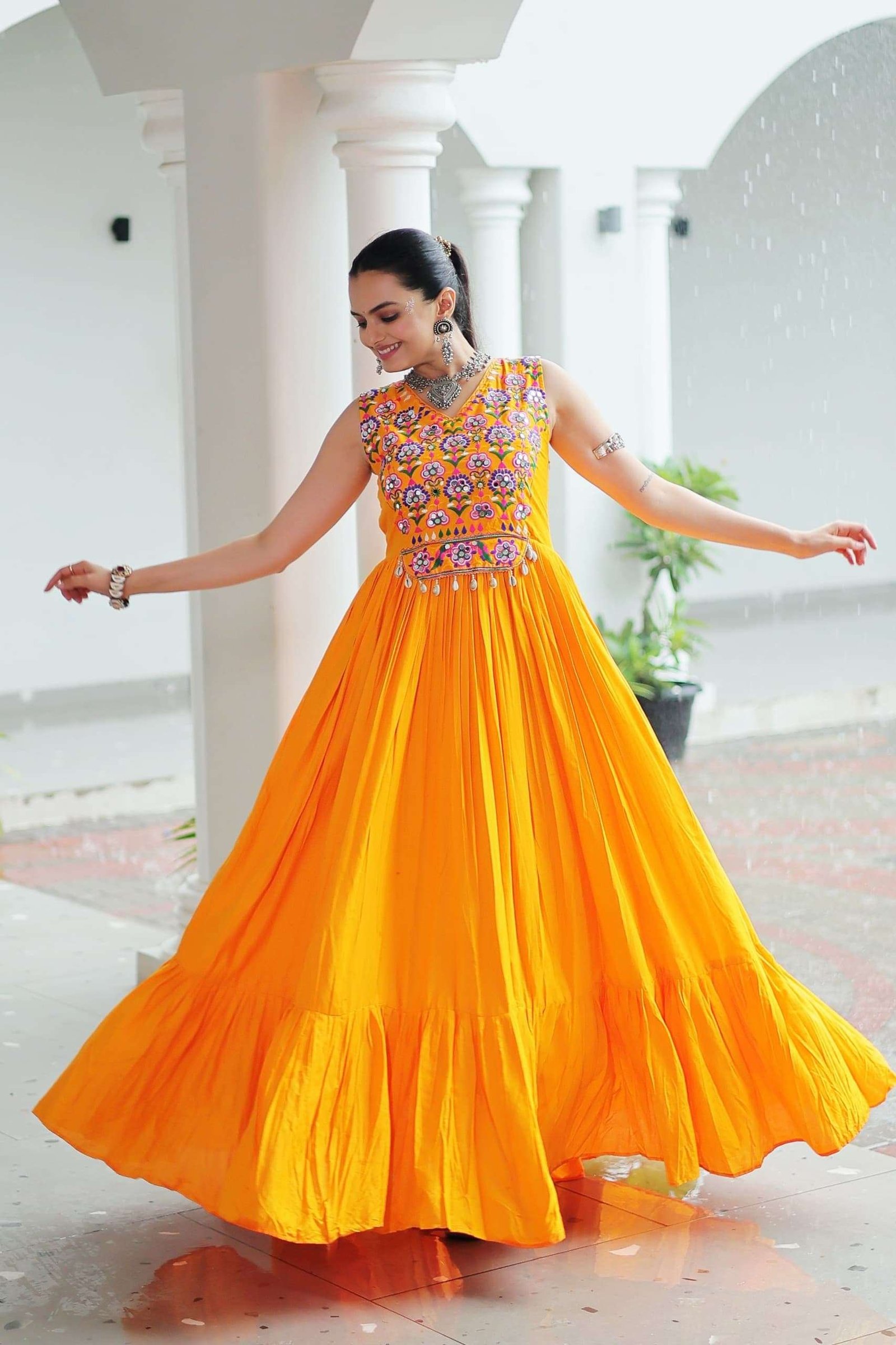 Yellow Elegant Kutchi Embroidered Frill Gown ? Perfect for Navratri Celebrations