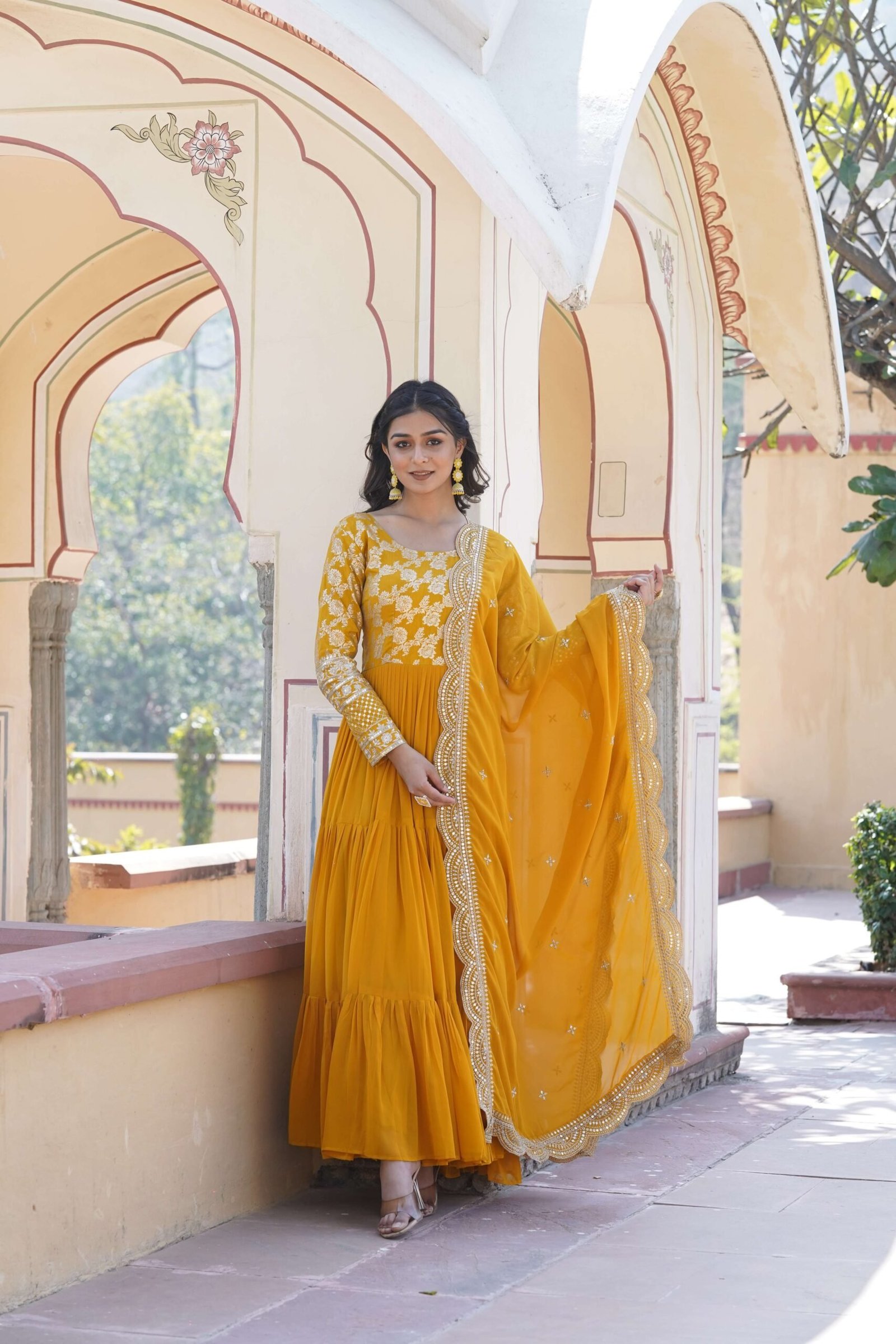 Yellow Faux Blooming Designer Gown with Sequined Dupatta ? Elegant Fully Flared Ready-to-Wear Set