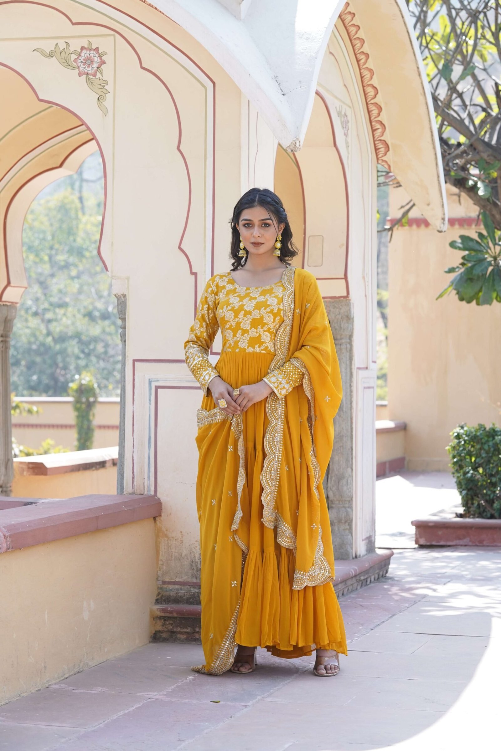 Yellow Faux Blooming Designer Gown with Sequined Dupatta ? Elegant Fully Flared Ready-to-Wear Set