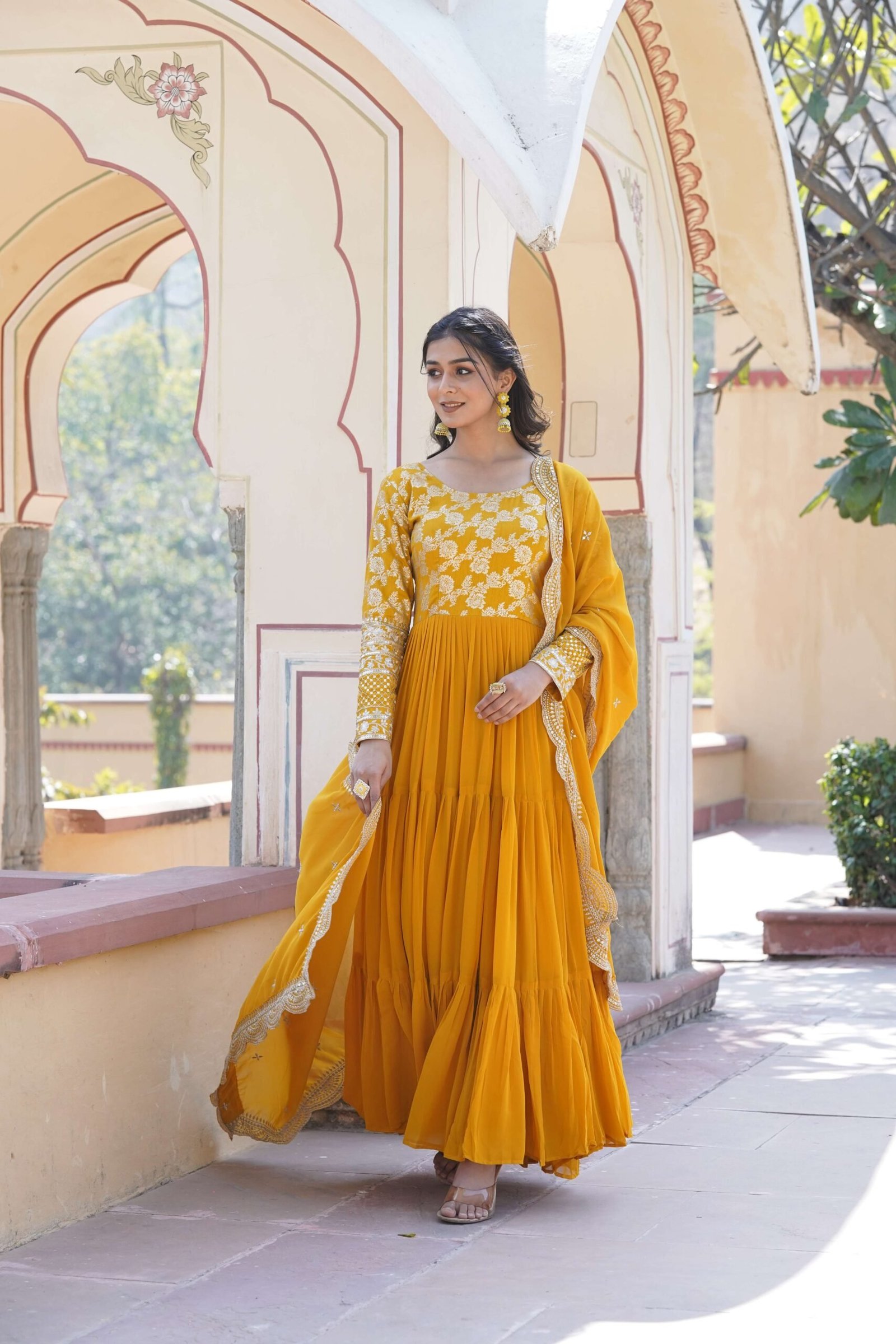 Yellow Faux Blooming Designer Gown with Sequined Dupatta ? Elegant Fully Flared Ready-to-Wear Set