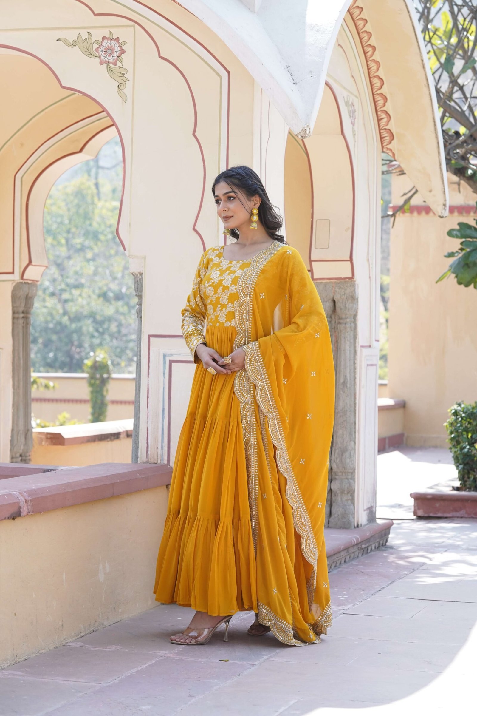 Yellow Faux Blooming Designer Gown with Sequined Dupatta ? Elegant Fully Flared Ready-to-Wear Set