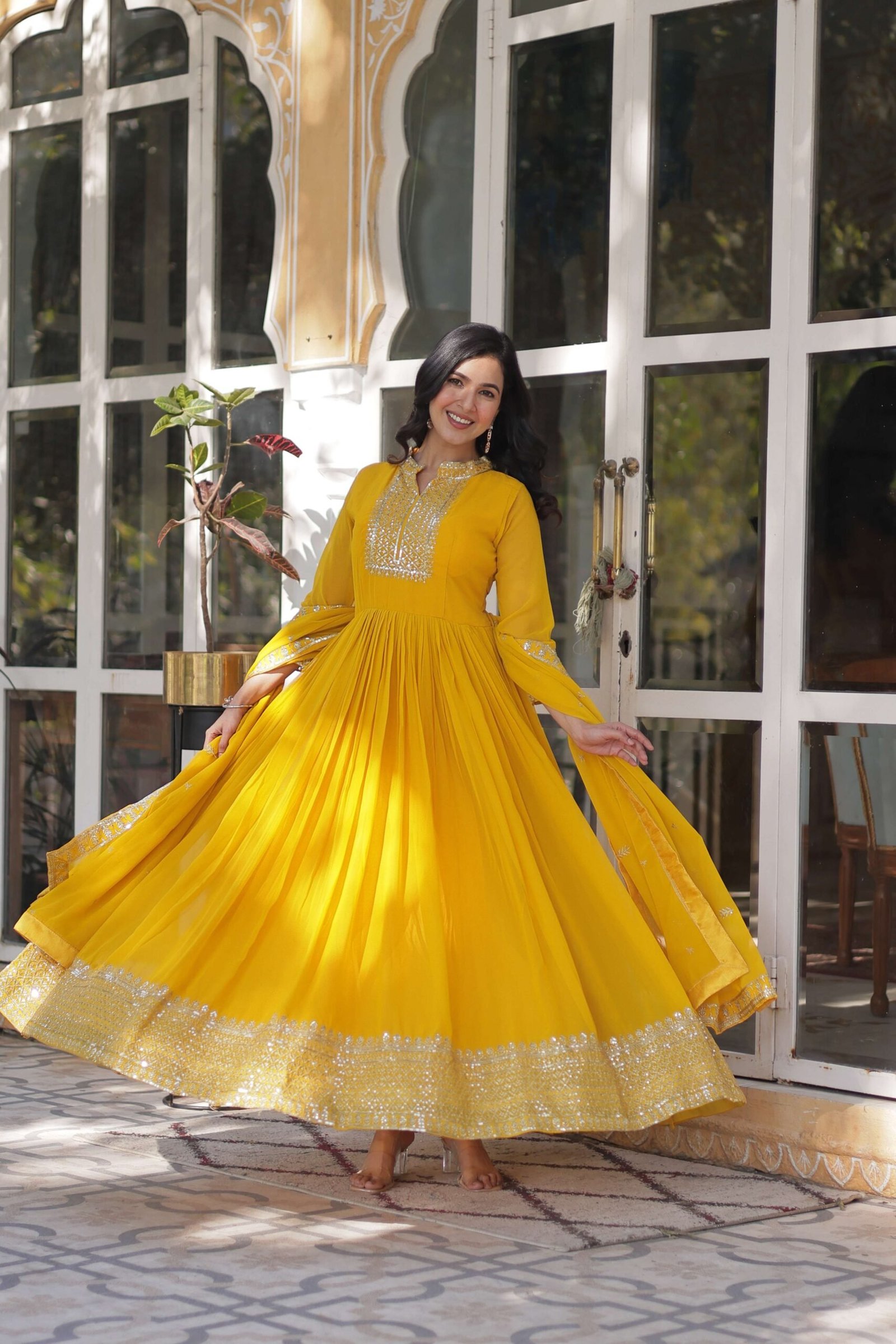Yellow Faux Blooming Georgette Sequins Embroidered Gown with Matching Dupatta