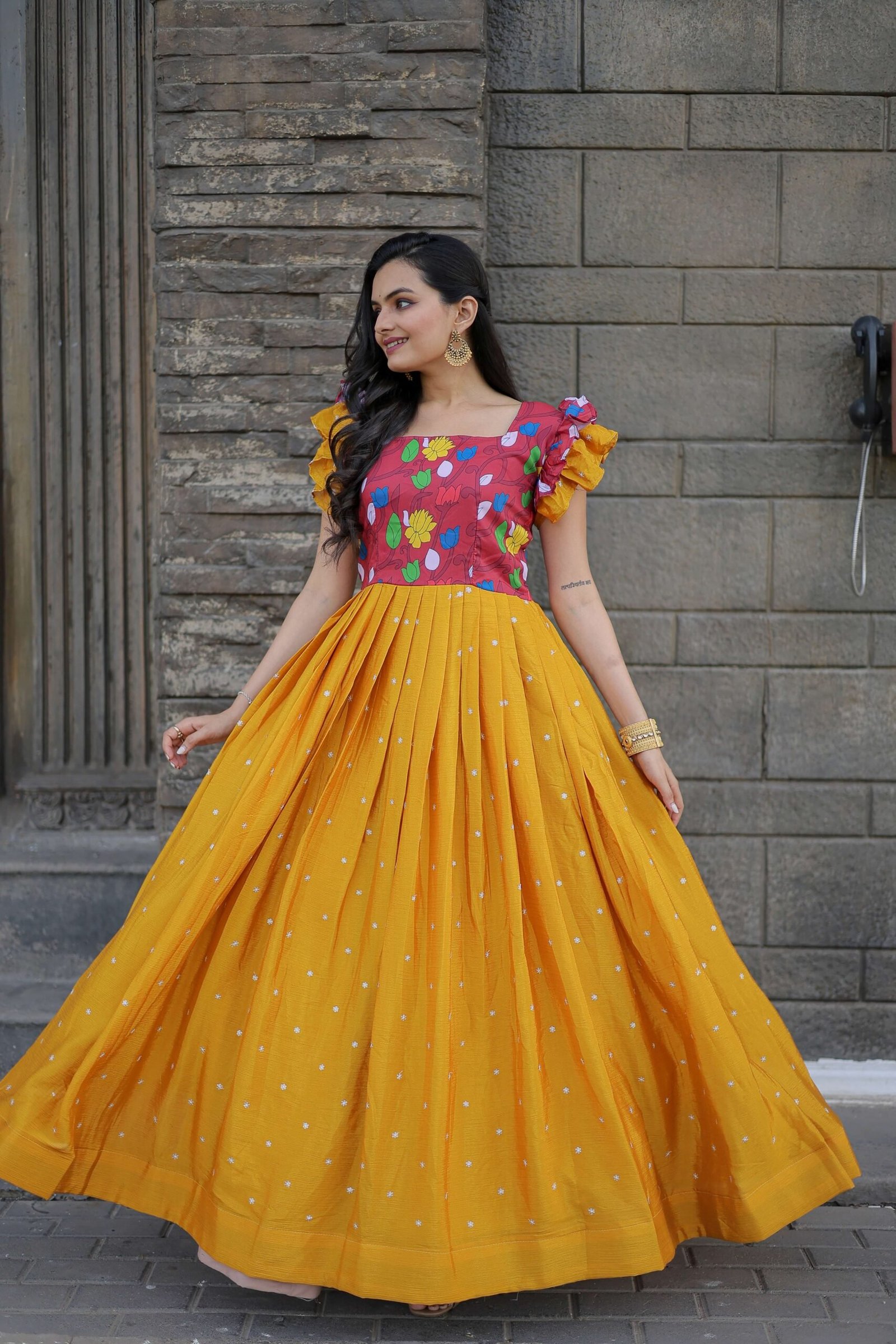 Yellow Maslin & Chinon Designer Gown with Embroidery ? Elegant Ready-to-Wear Women?s Dress