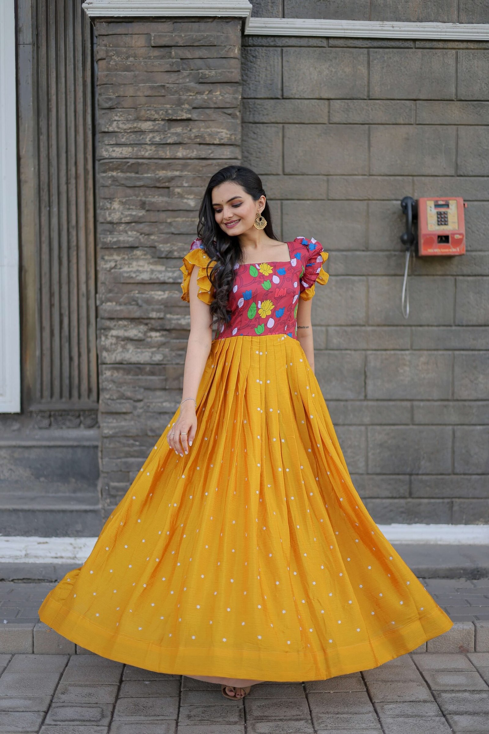 Yellow Maslin & Chinon Designer Gown with Embroidery ? Elegant Ready-to-Wear Women?s Dress