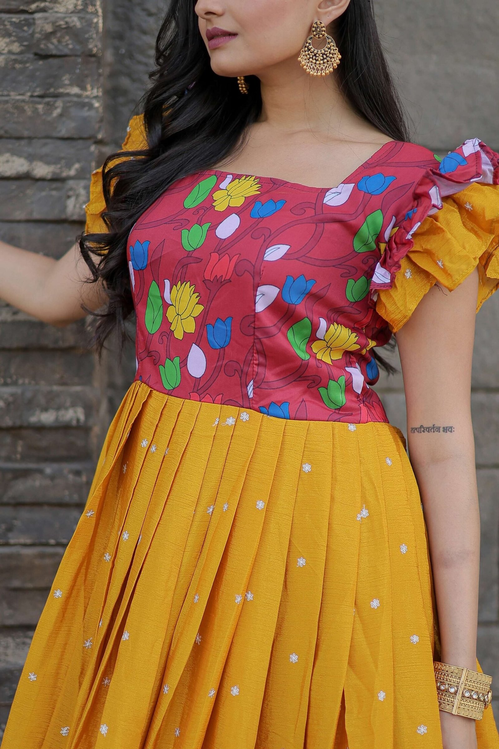 Yellow Maslin & Chinon Designer Gown with Embroidery ? Elegant Ready-to-Wear Women?s Dress