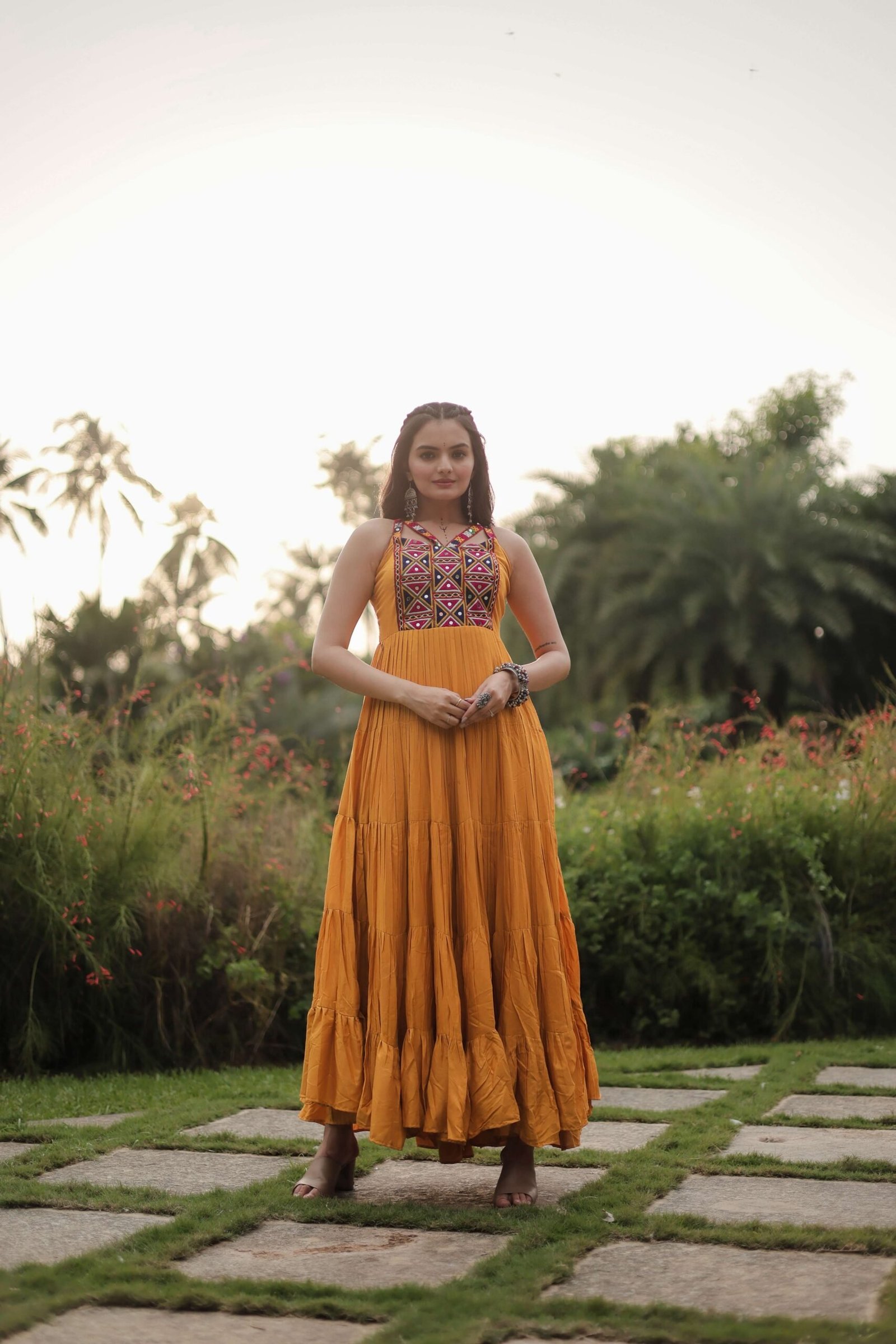 Yellow Navratri Reyon Gown with Kutchi Gamthi Work ? Fully Flared Designer Dress