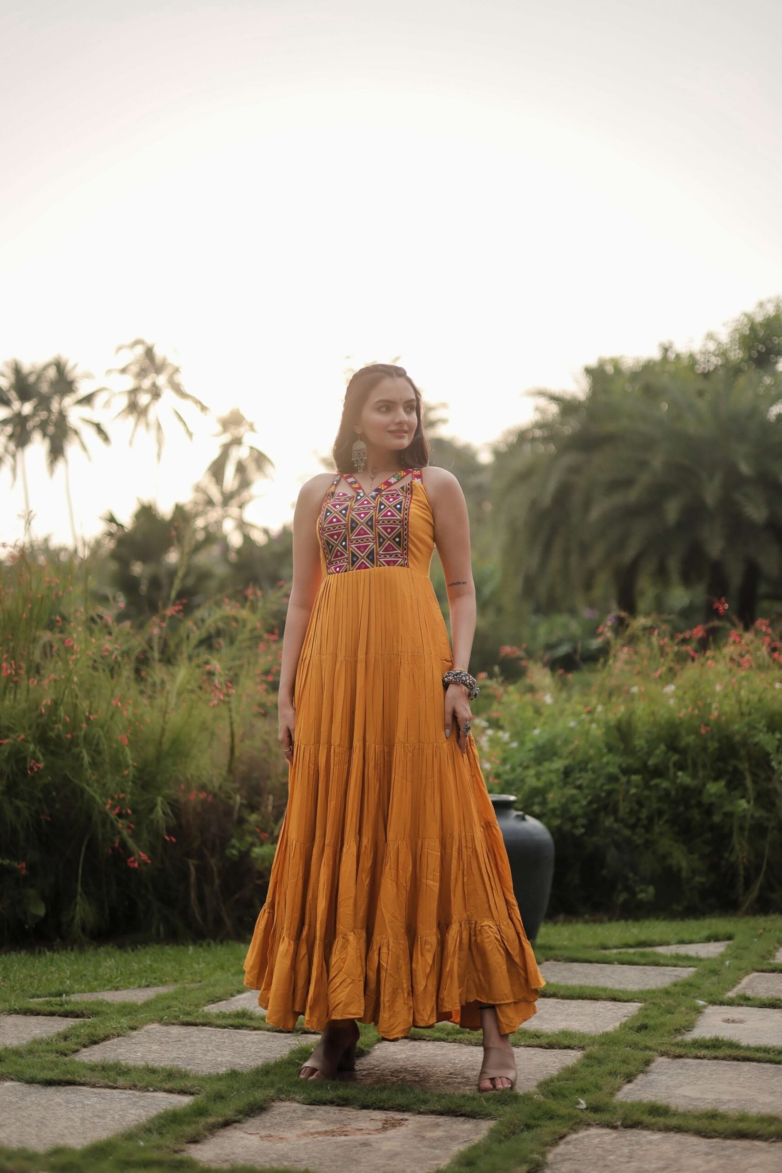 Yellow Navratri Reyon Gown with Kutchi Gamthi Work ? Fully Flared Designer Dress