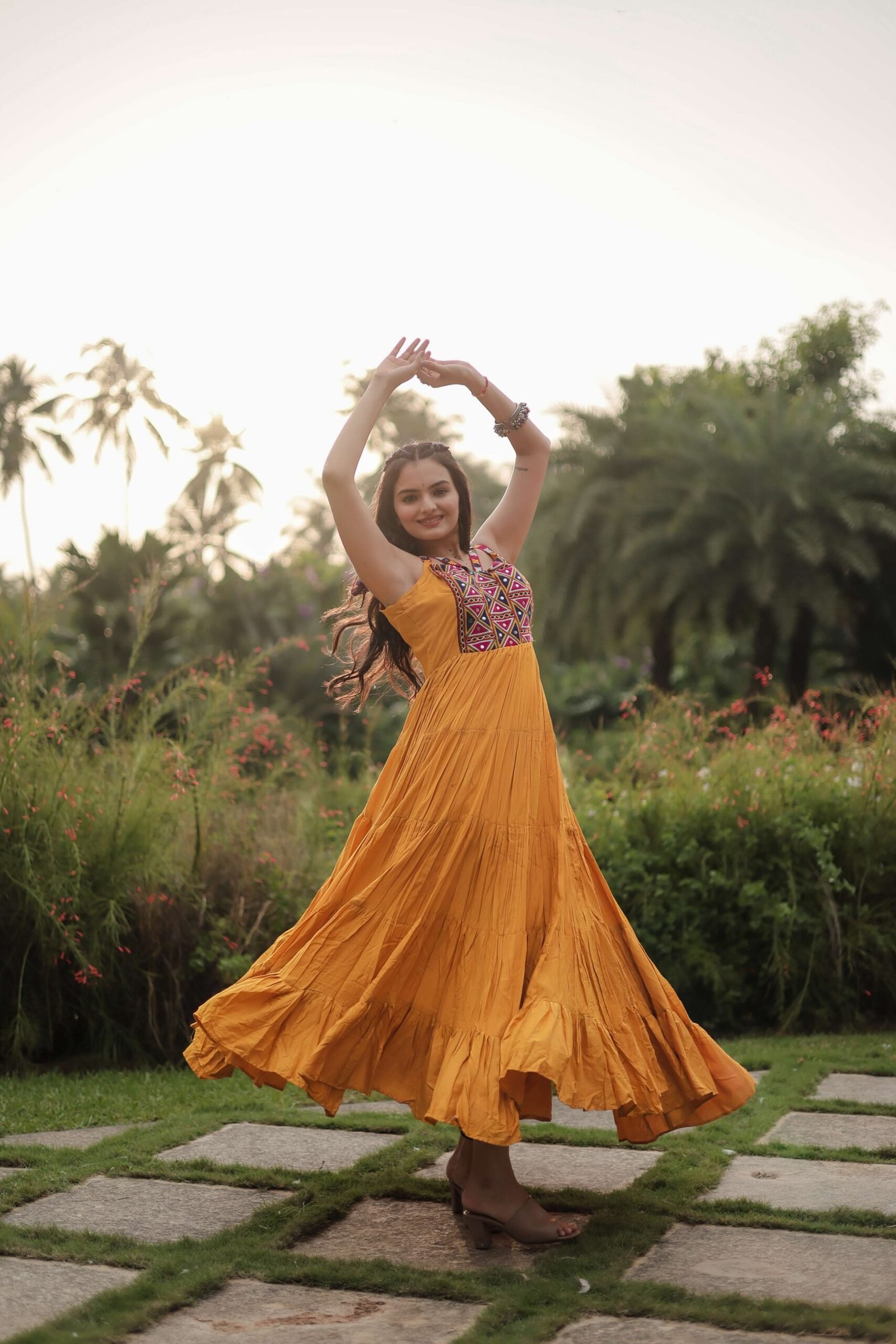 Yellow Navratri Reyon Gown with Kutchi Gamthi Work ? Fully Flared Designer Dress