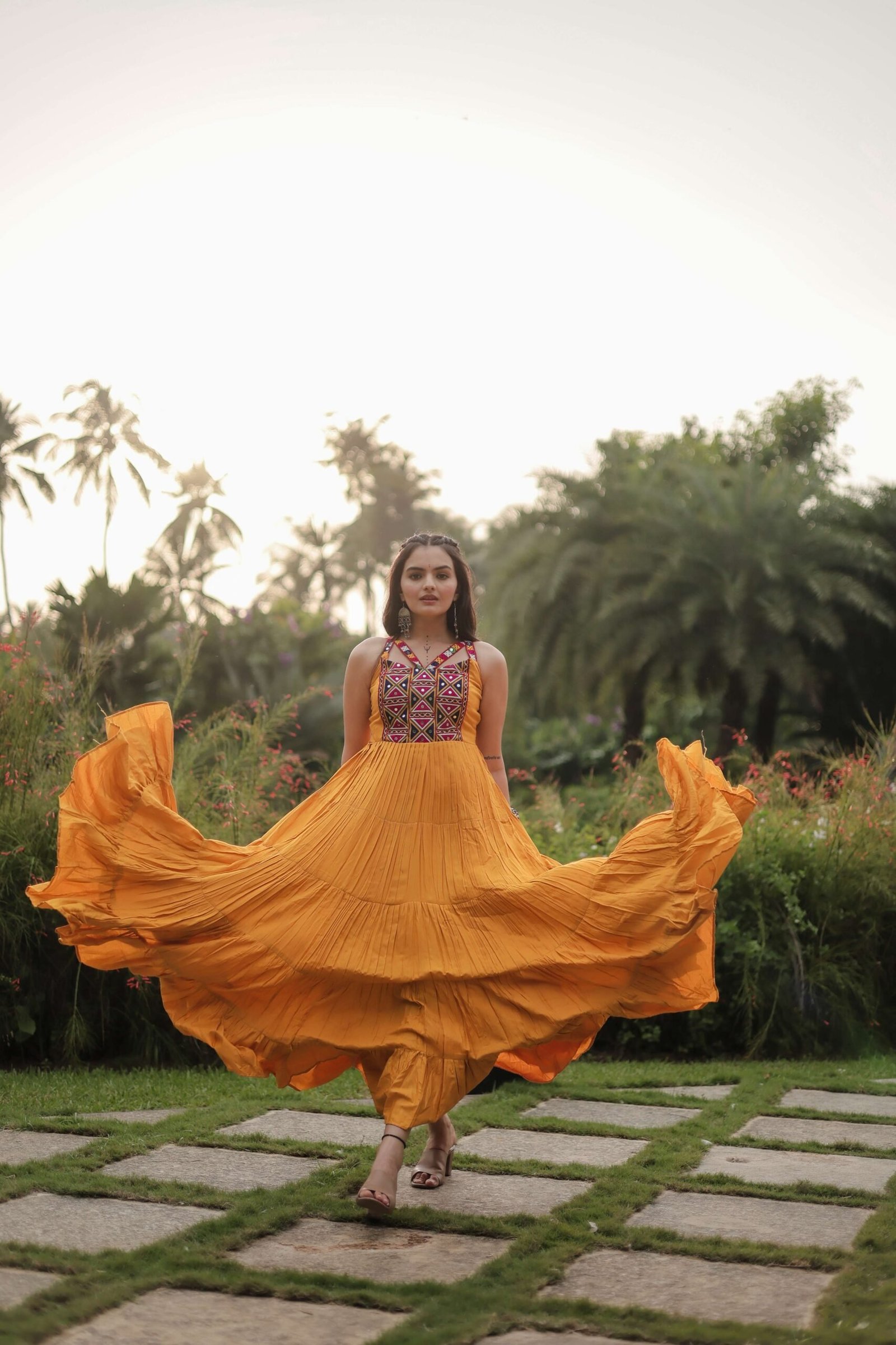 Yellow Navratri Reyon Gown with Kutchi Gamthi Work ? Fully Flared Designer Dress