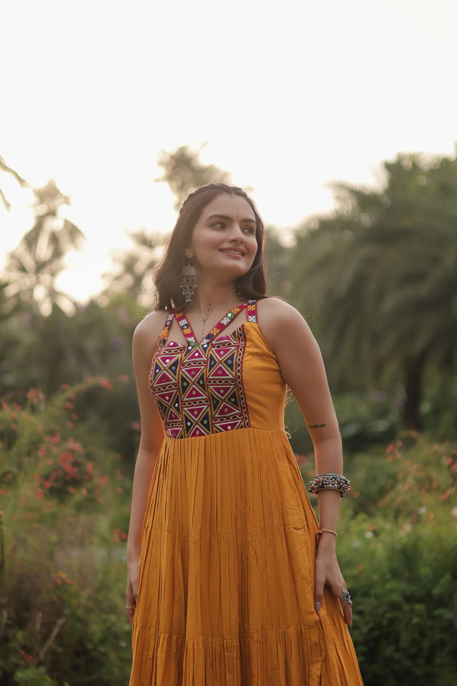 Yellow Navratri Reyon Gown with Kutchi Gamthi Work ? Fully Flared Designer Dress