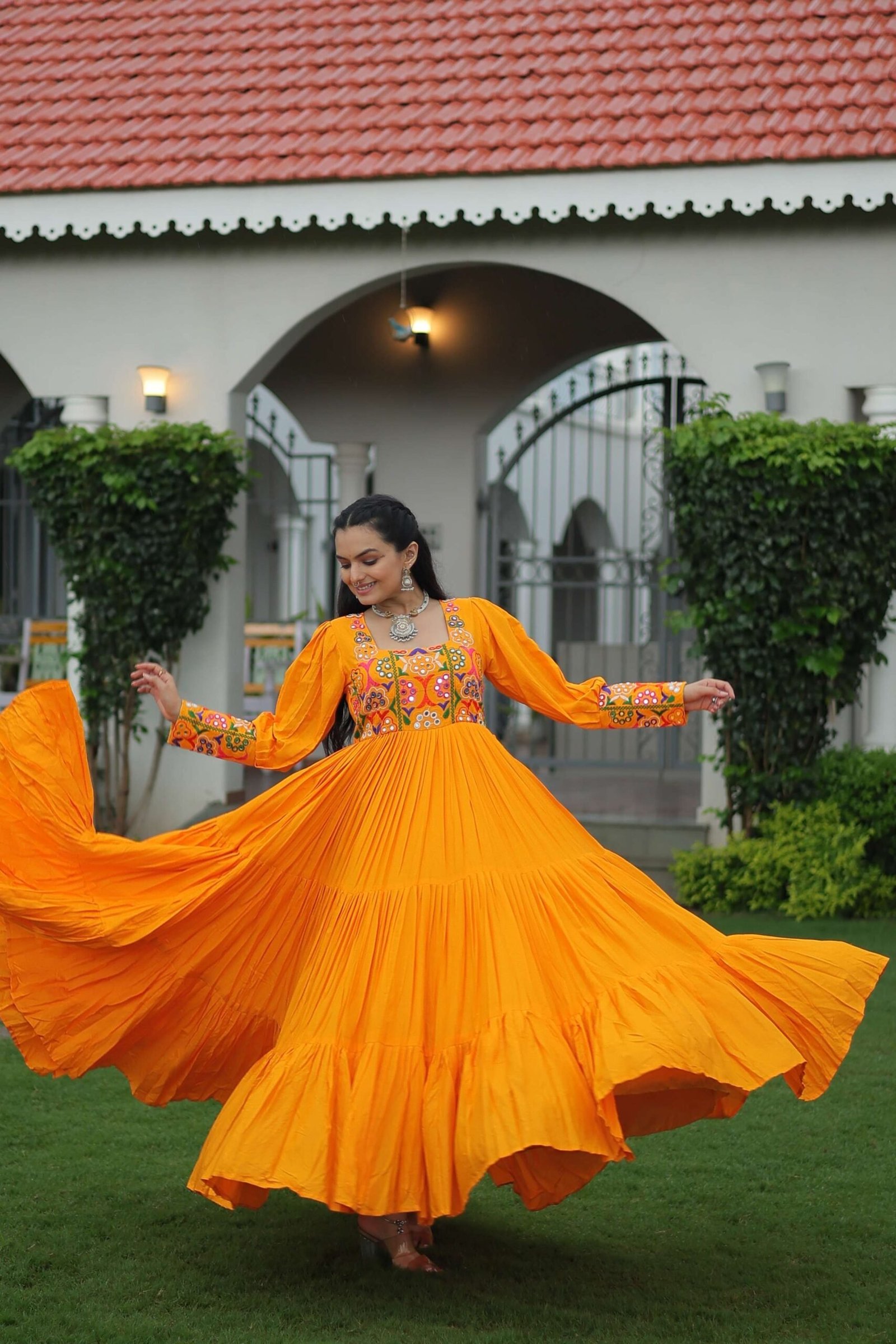 Yellow Navratri Special 14 Kg Reyon Designer Gown with Kutchi Gamthi Work ? Flared Ethnic Wear for Women