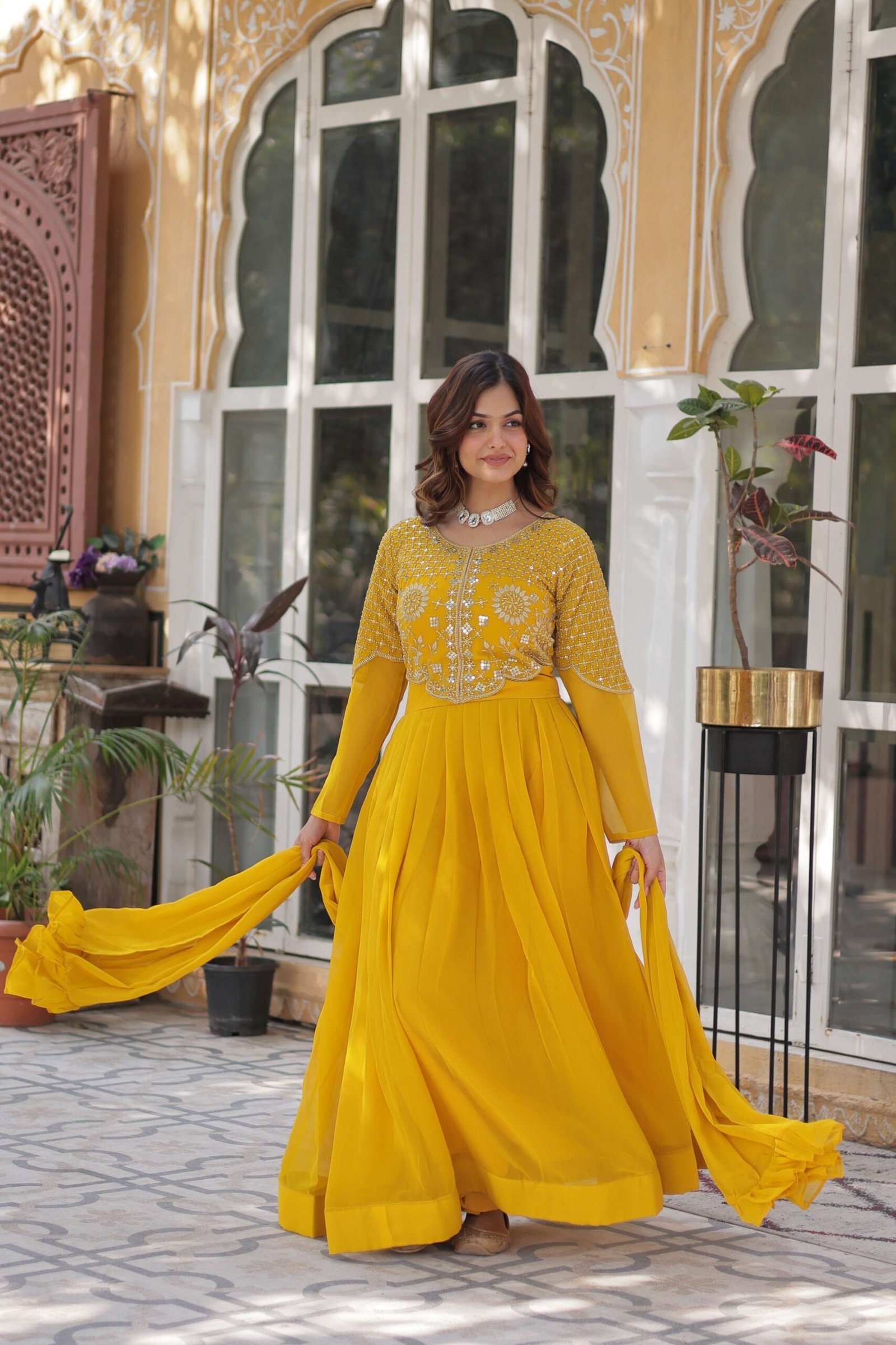 Yellow Premium Faux Blooming Georgette Gown with Dupatta ? Designer Readymade Collection