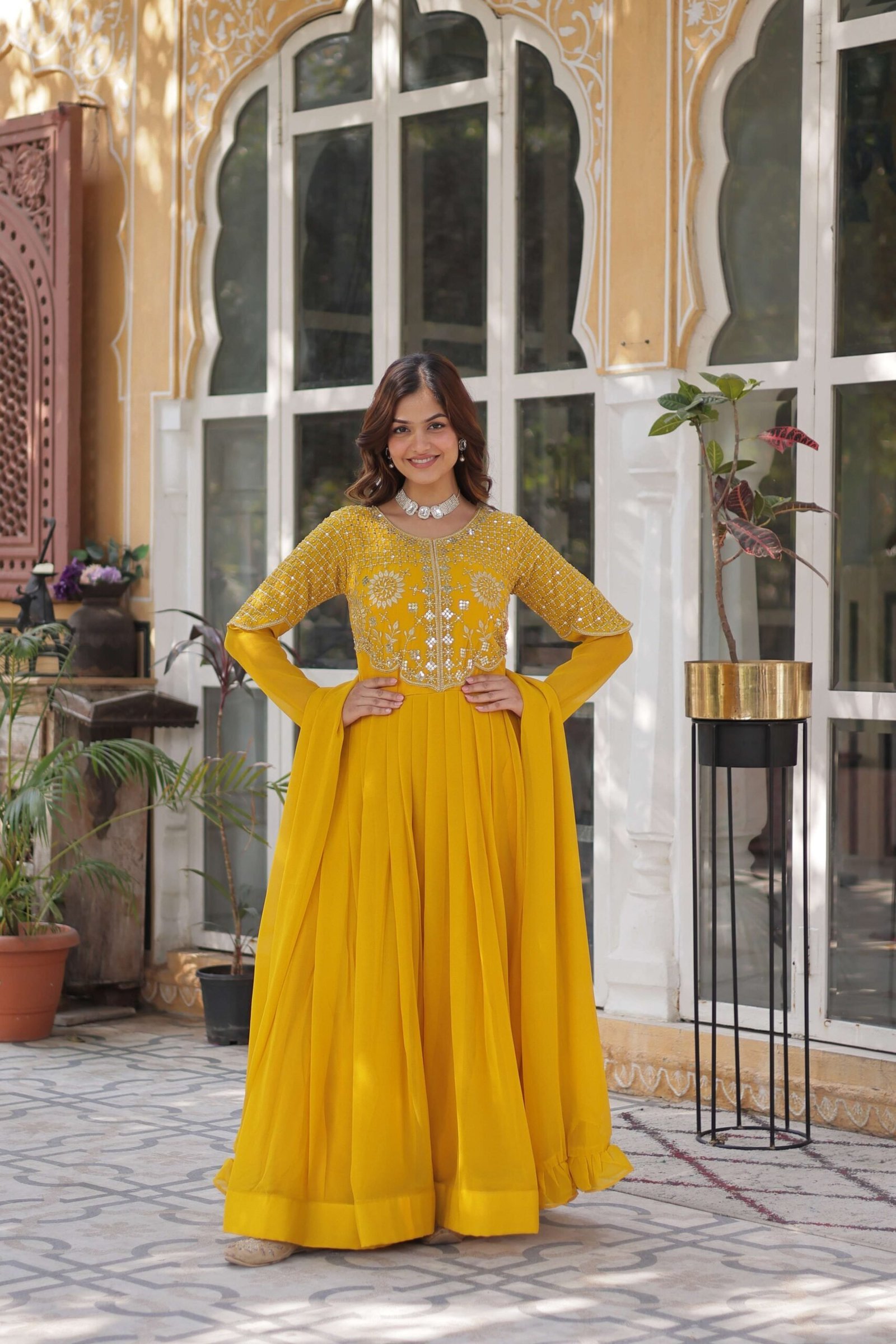 Yellow Premium Faux Blooming Georgette Gown with Dupatta ? Designer Readymade Collection