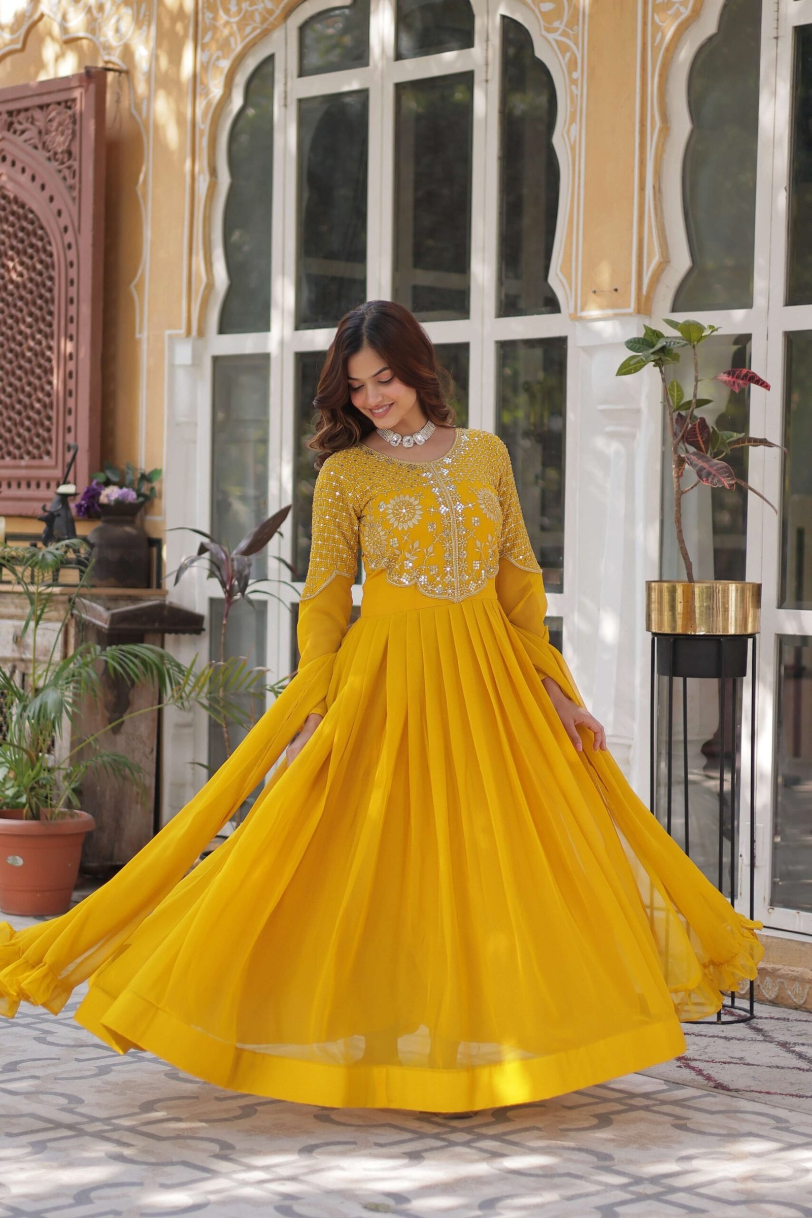 Yellow Premium Faux Blooming Georgette Gown with Dupatta ? Designer Readymade Collection