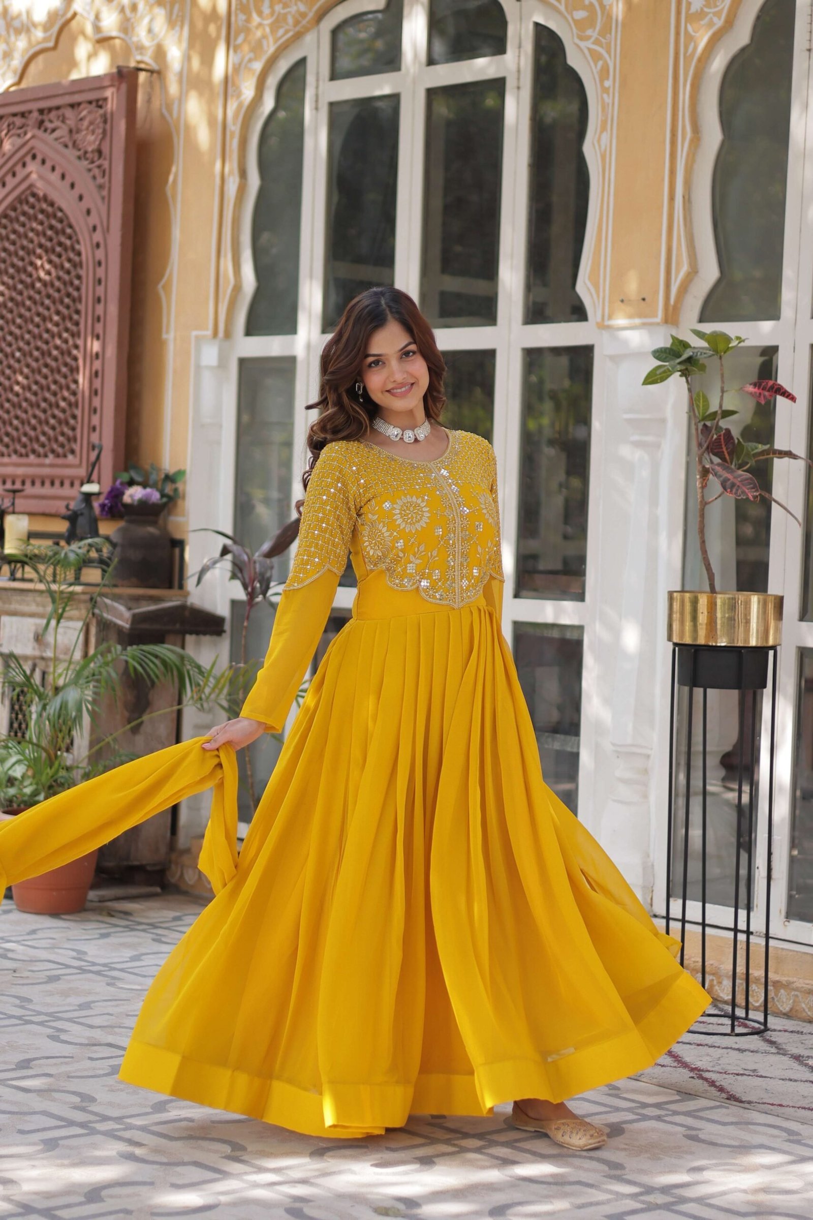 Yellow Premium Faux Blooming Georgette Gown with Dupatta ? Designer Readymade Collection