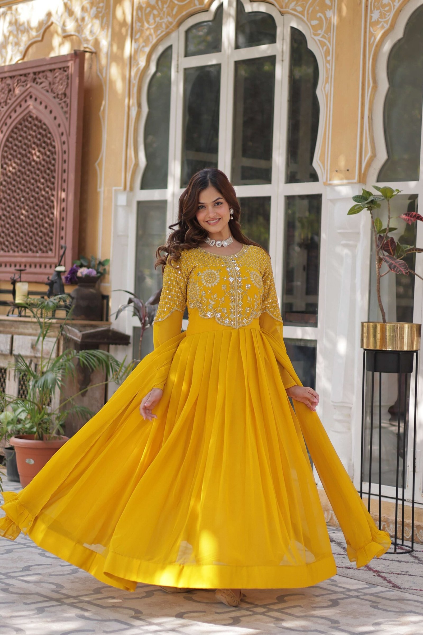 Yellow Premium Faux Blooming Georgette Gown with Dupatta ? Designer Readymade Collection